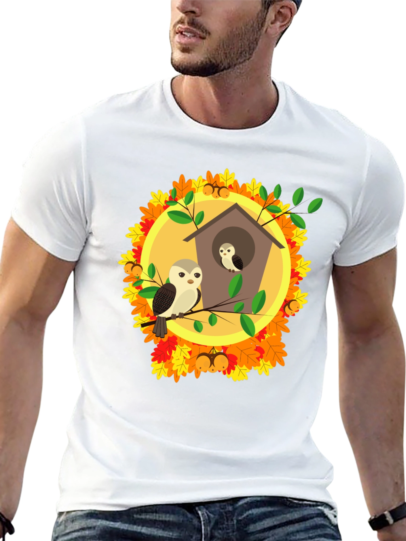 Autumn Owl House T-Shirt: Fall Bird Design