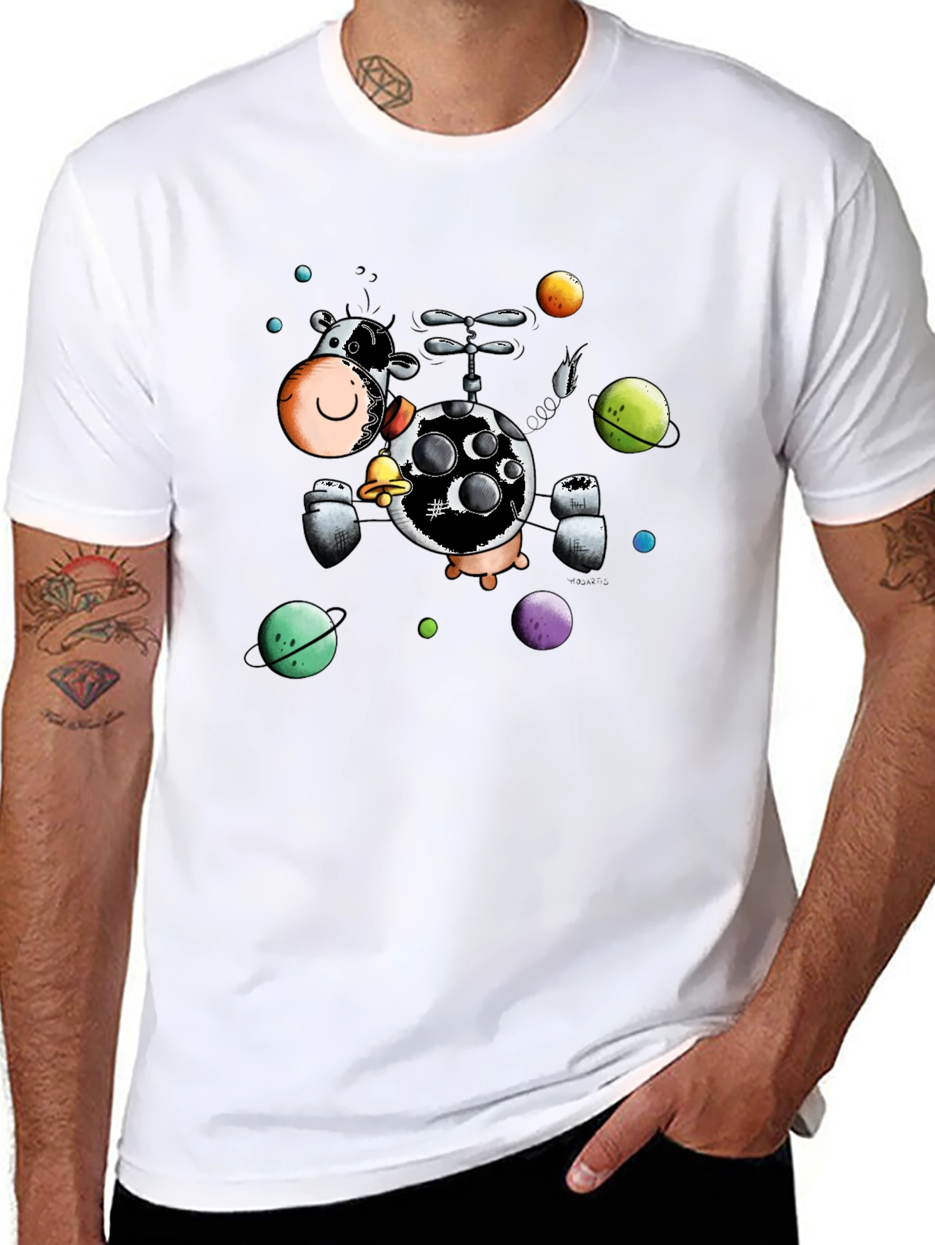 Cosmic Cow Black T-Shirt Novelty Cartoon Design