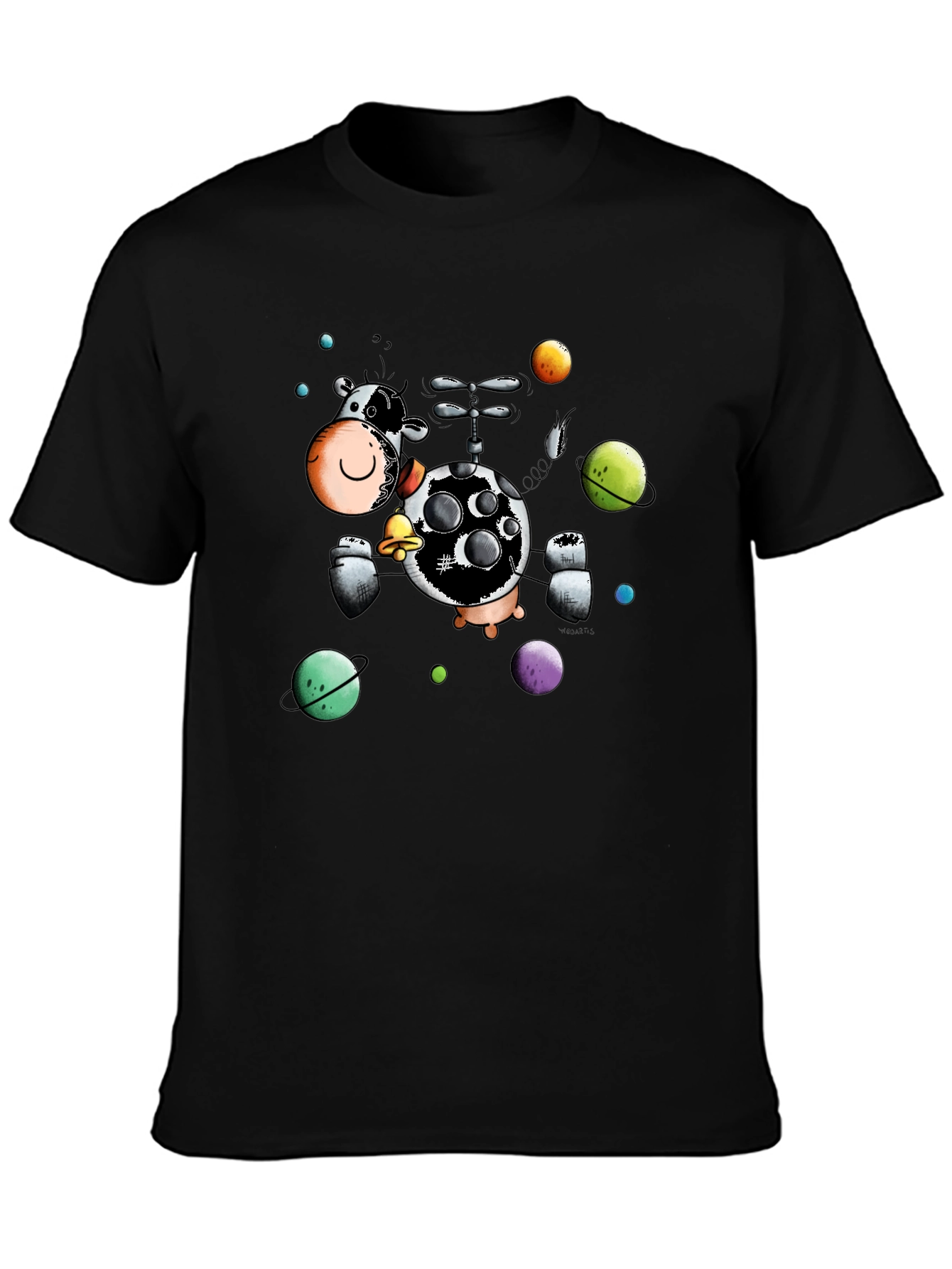 Cosmic Cow Black T-Shirt Novelty Cartoon Design