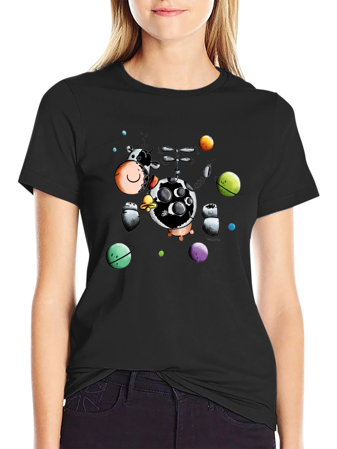 Cosmic Cow Black T-Shirt Novelty Cartoon Design