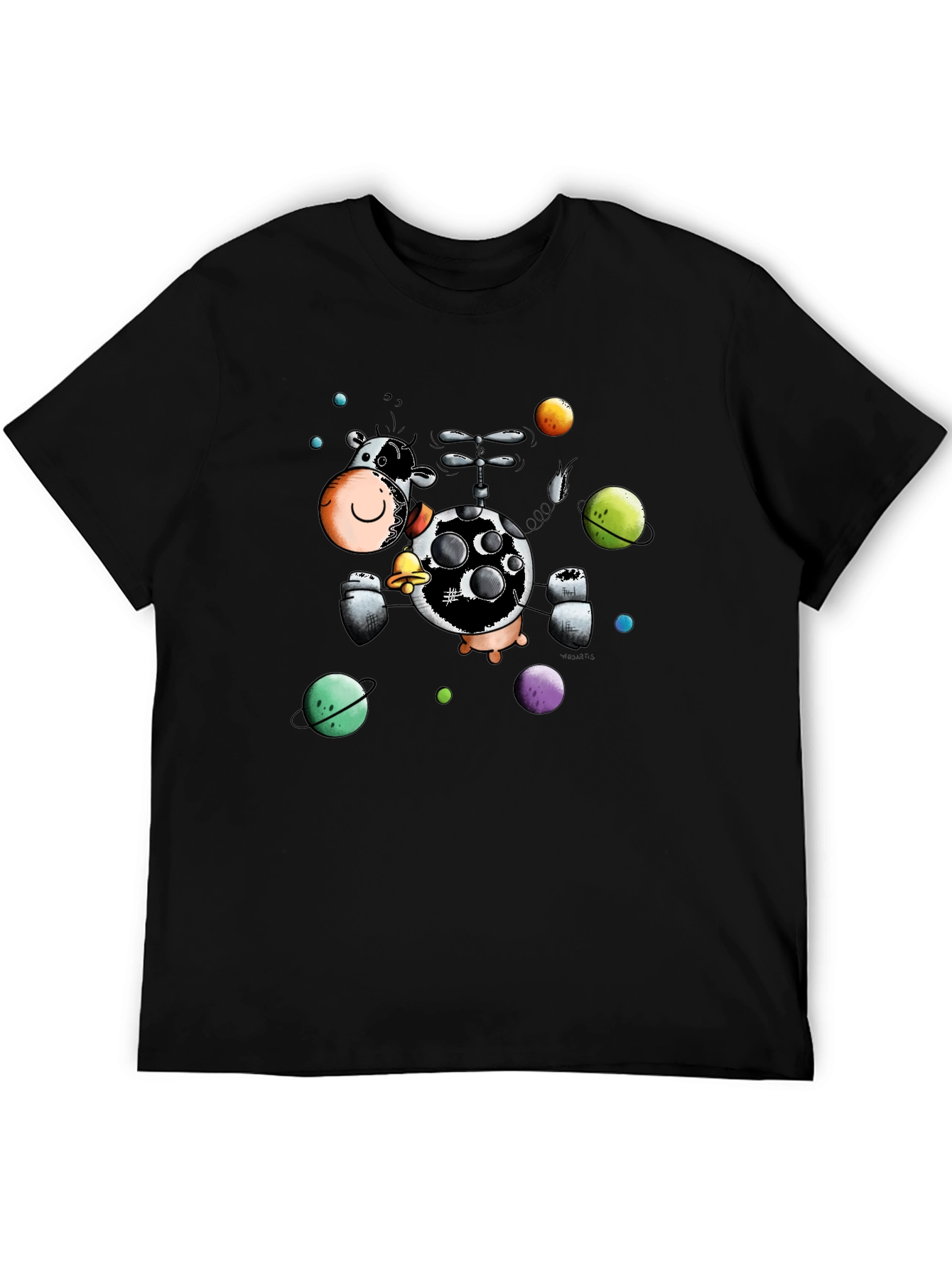 Cosmic Cow Black T-Shirt Novelty Cartoon Design