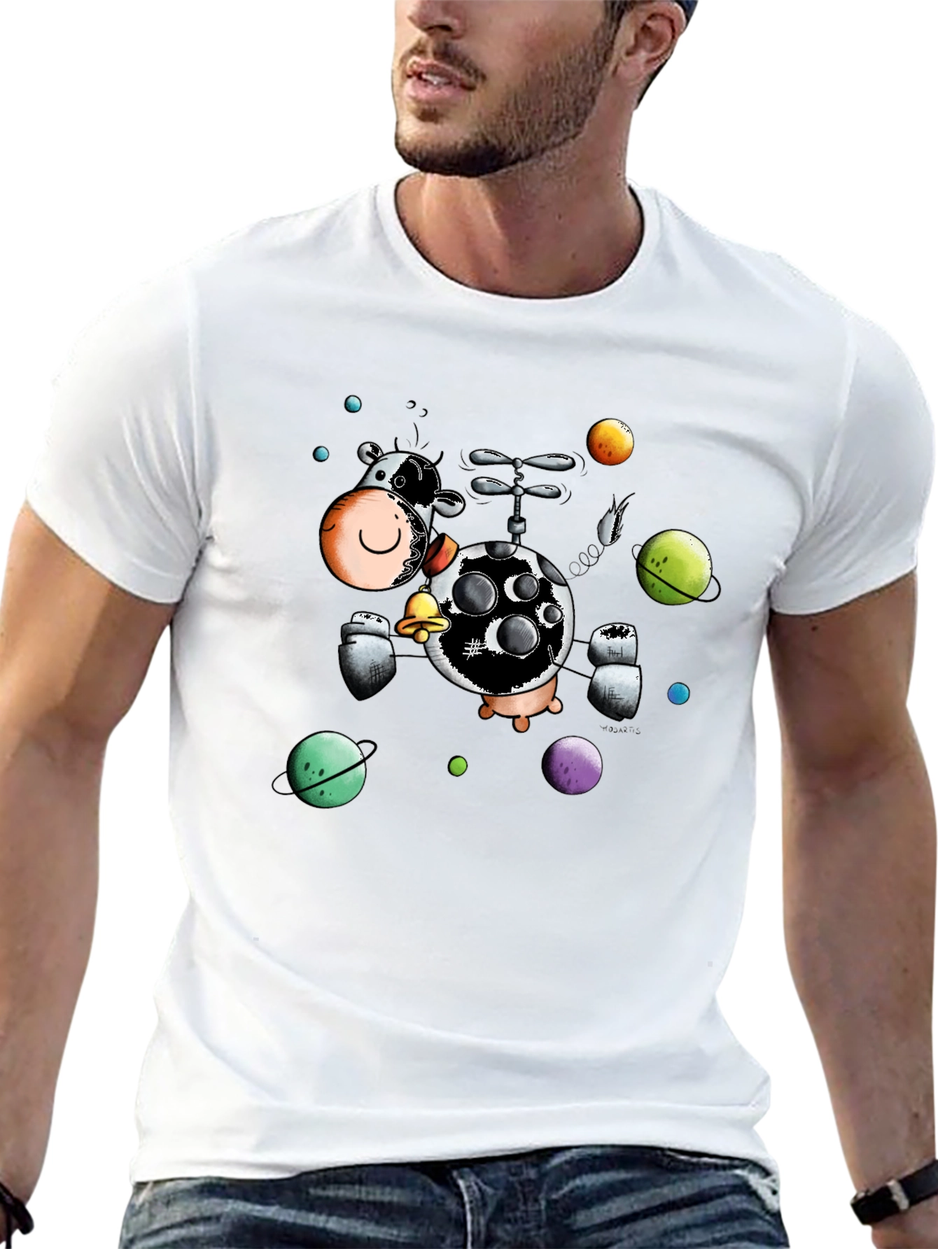 Cosmic Cow Black T-Shirt Novelty Cartoon Design