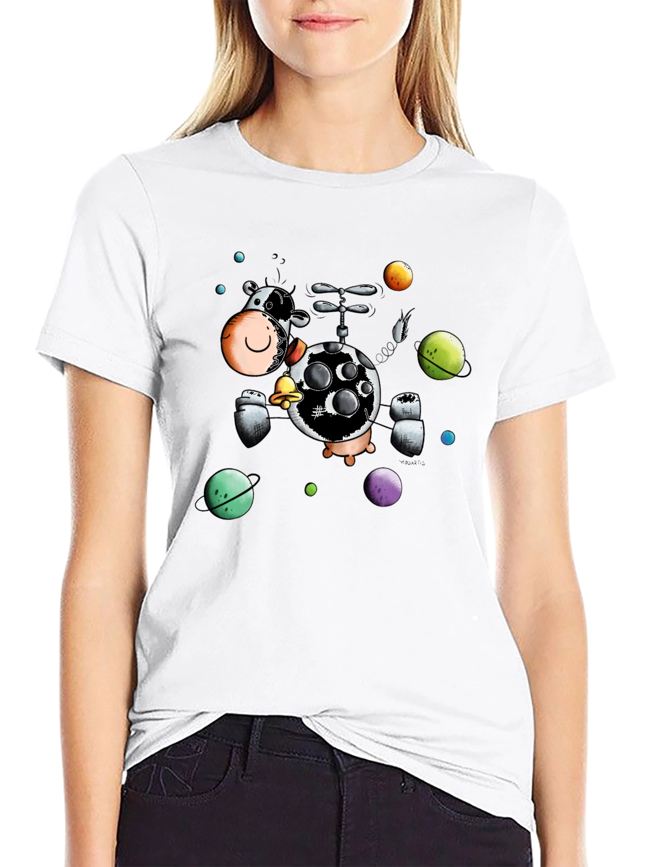 Cosmic Cow Black T-Shirt Novelty Cartoon Design