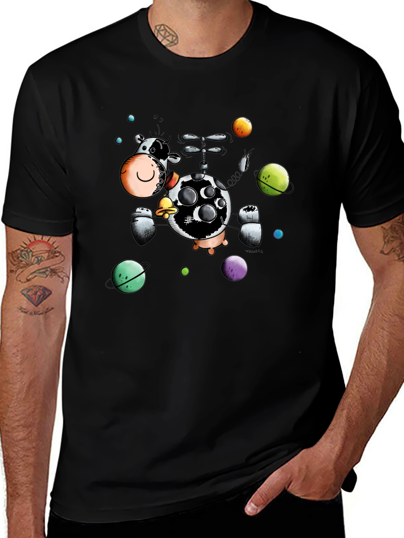 Cosmic Cow Black T-Shirt Novelty Cartoon Design