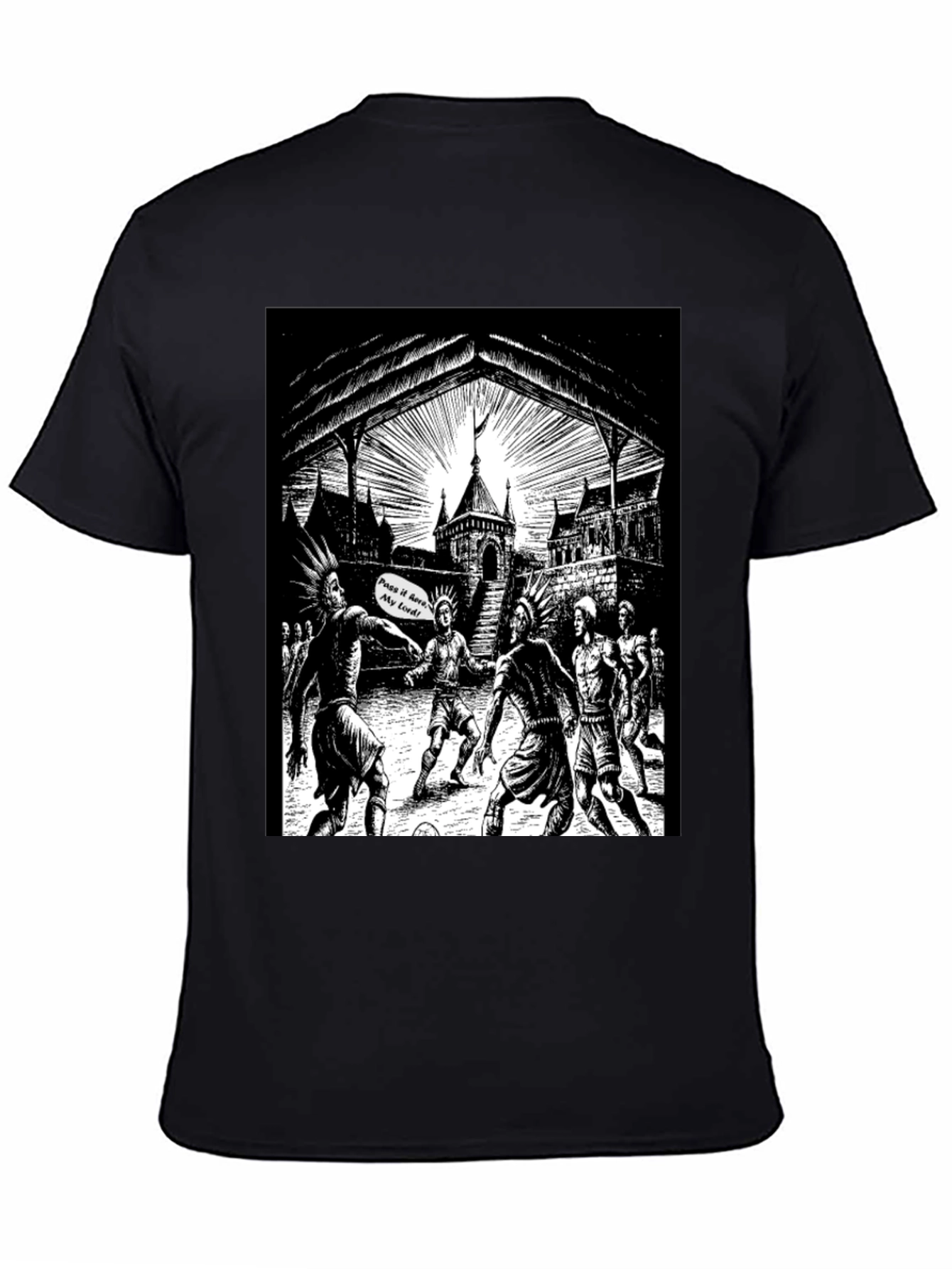 Black T-Shirt with Illustrated Soccer Game Graphic