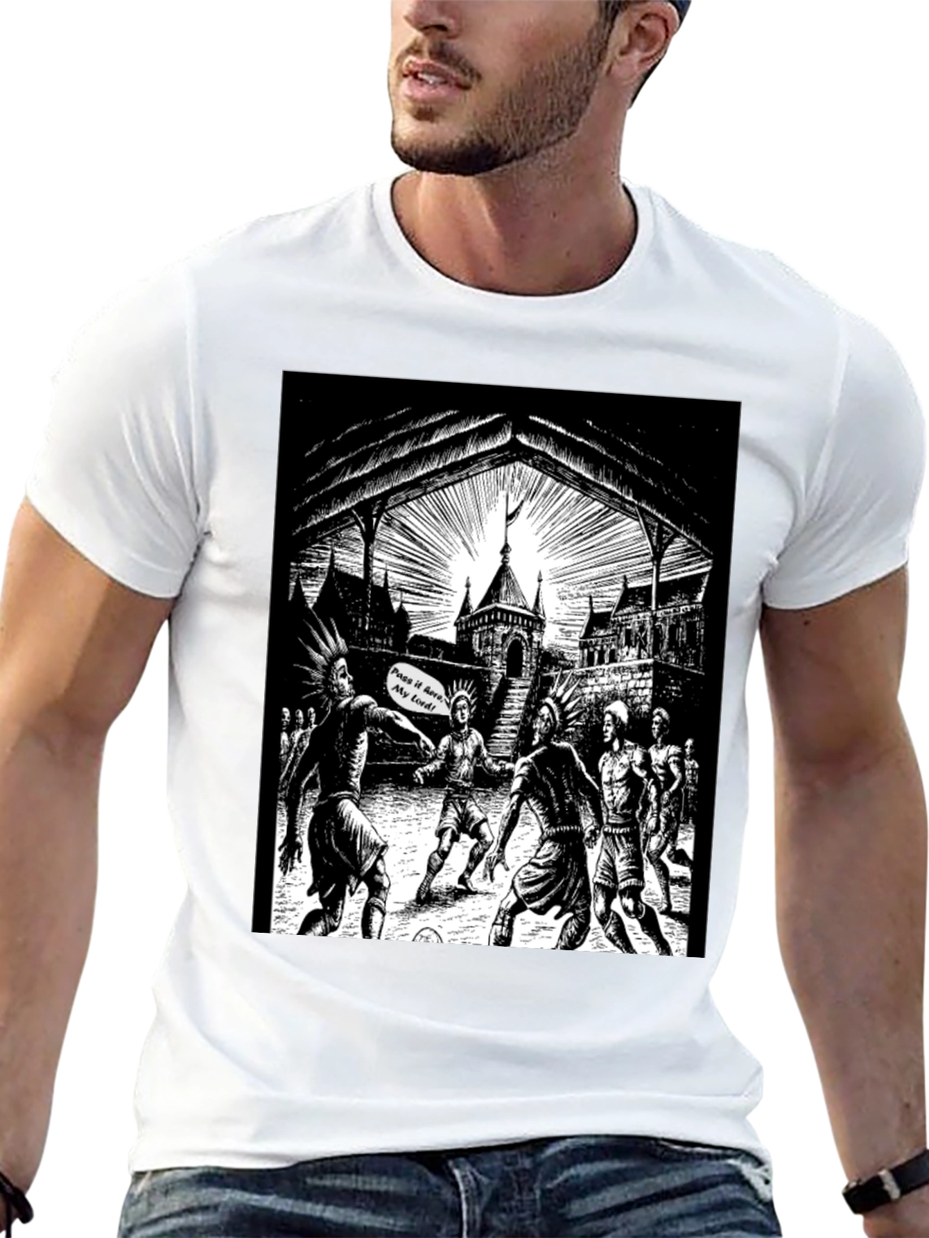 Black T-Shirt with Illustrated Soccer Game Graphic