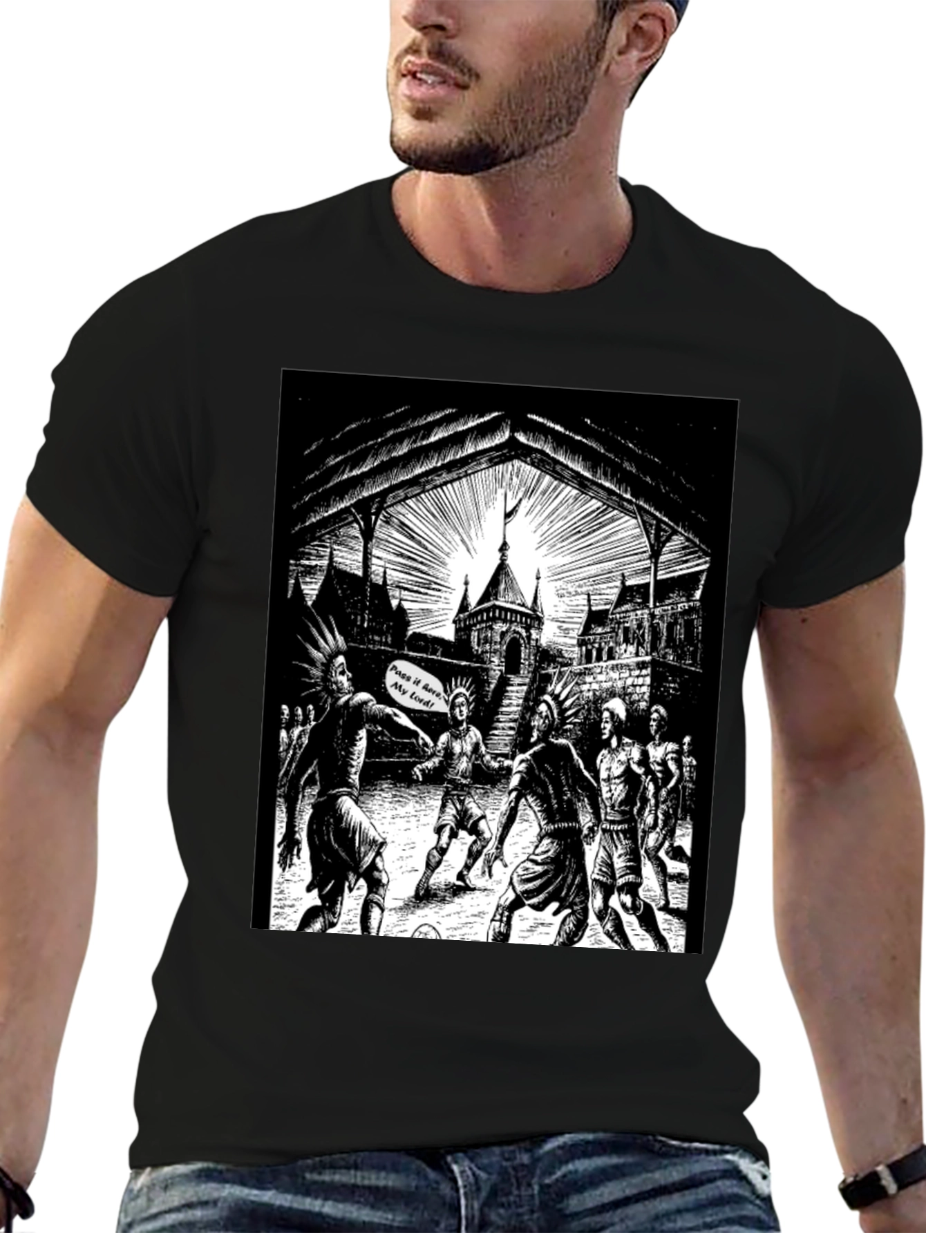 Black T-Shirt with Illustrated Soccer Game Graphic