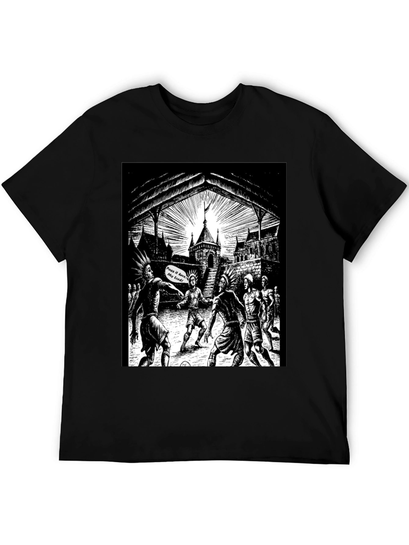 Black T-Shirt with Illustrated Soccer Game Graphic