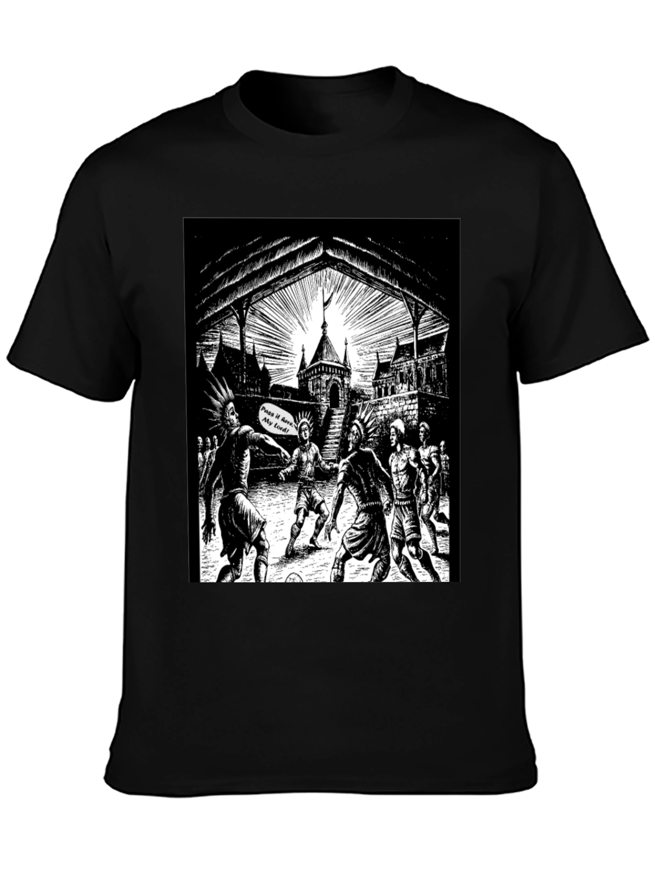 Black T-Shirt with Illustrated Soccer Game Graphic