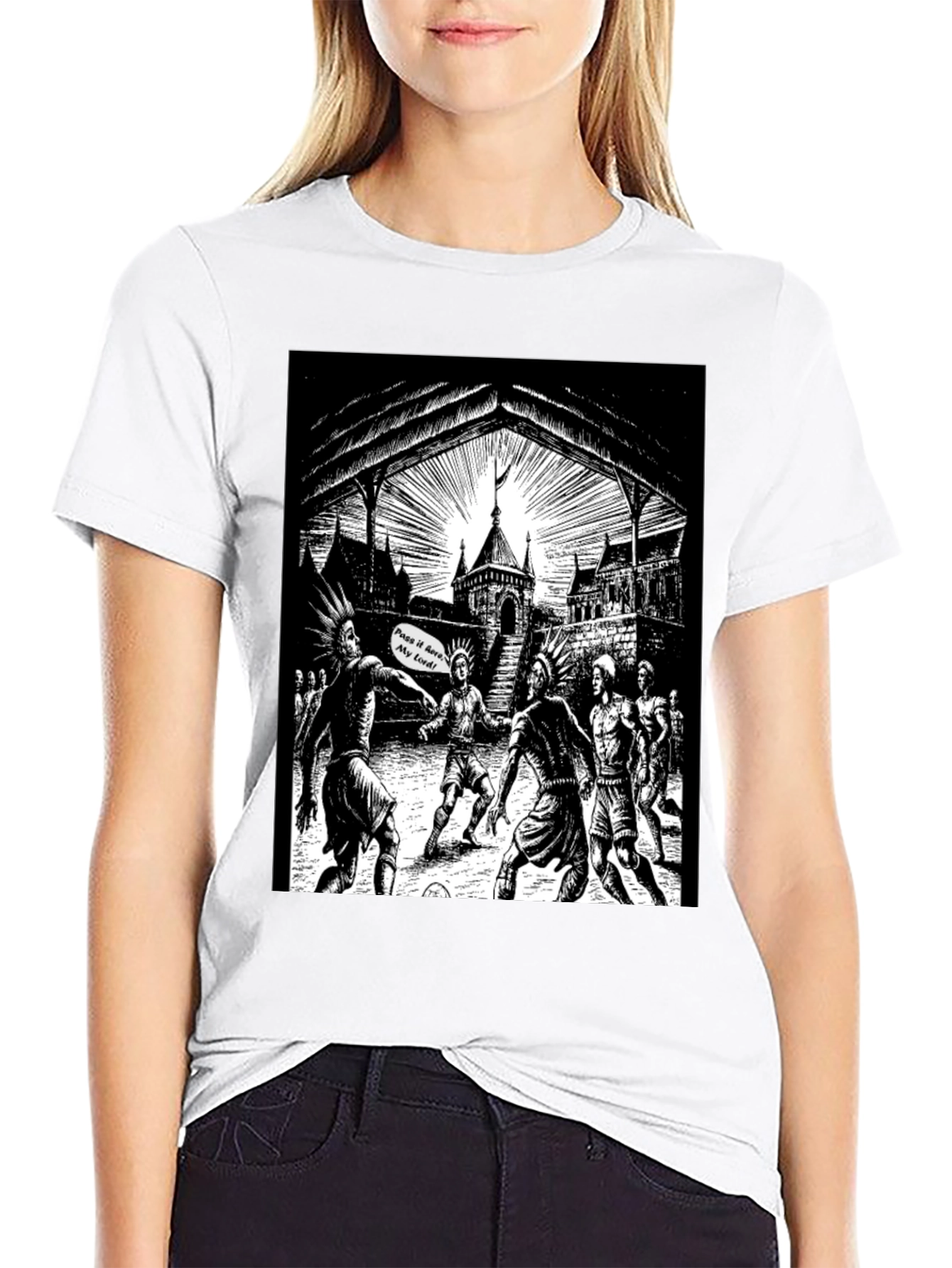 Black T-Shirt with Illustrated Soccer Game Graphic