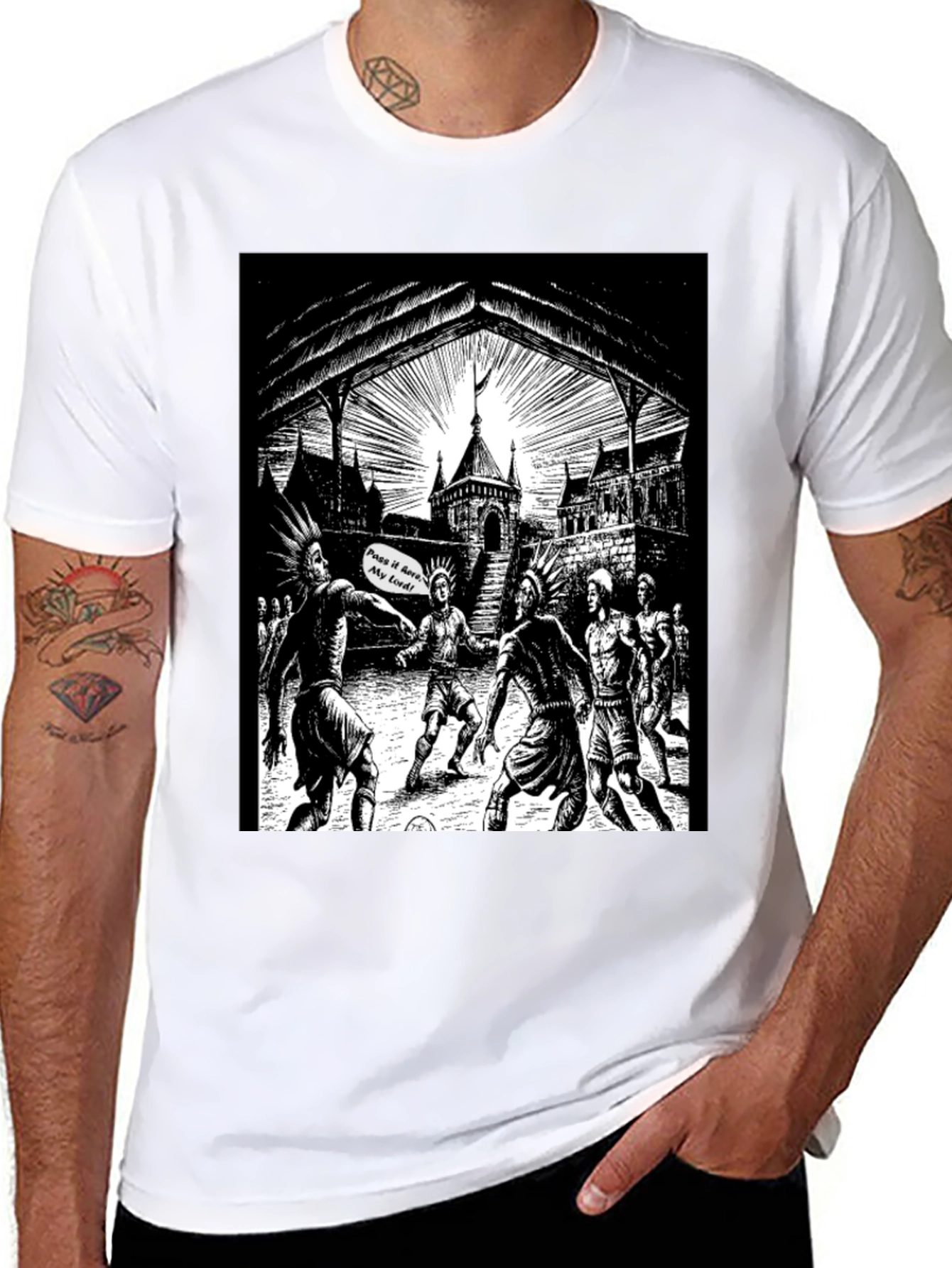 Black T-Shirt with Illustrated Soccer Game Graphic