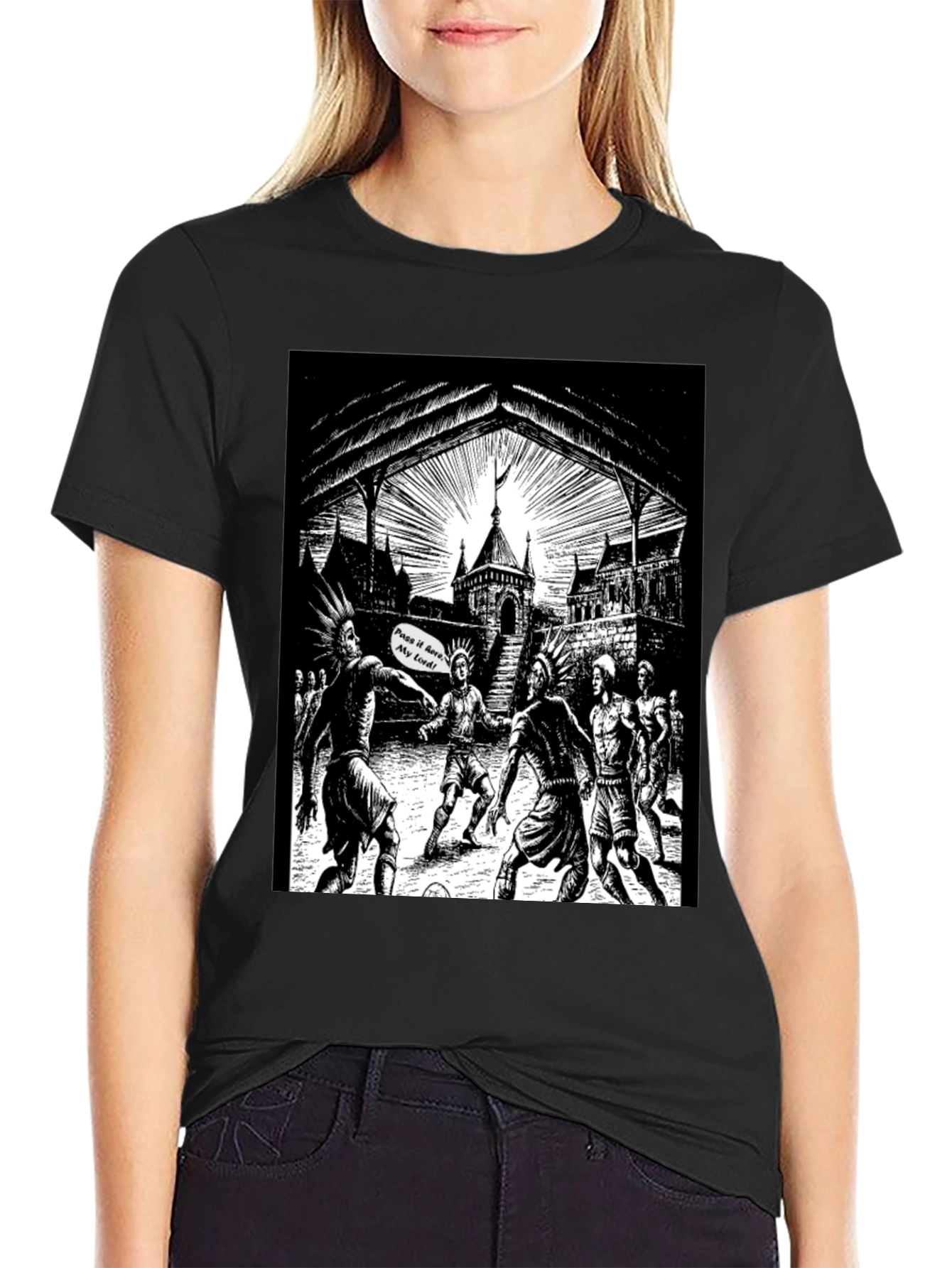 Black T-Shirt with Illustrated Soccer Game Graphic
