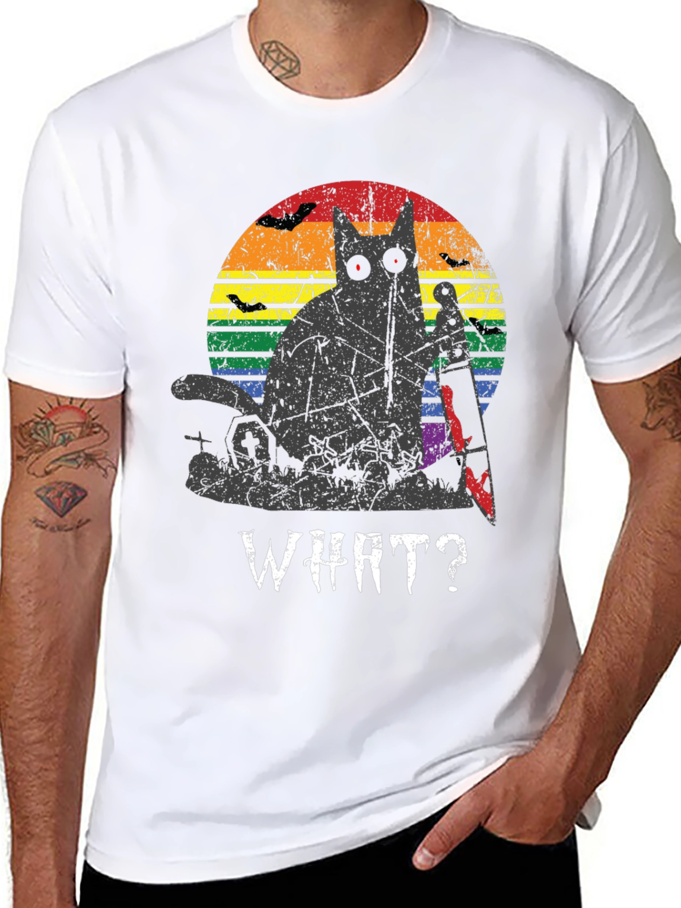 Creepy Cat Rainbow Graphic T-Shirt