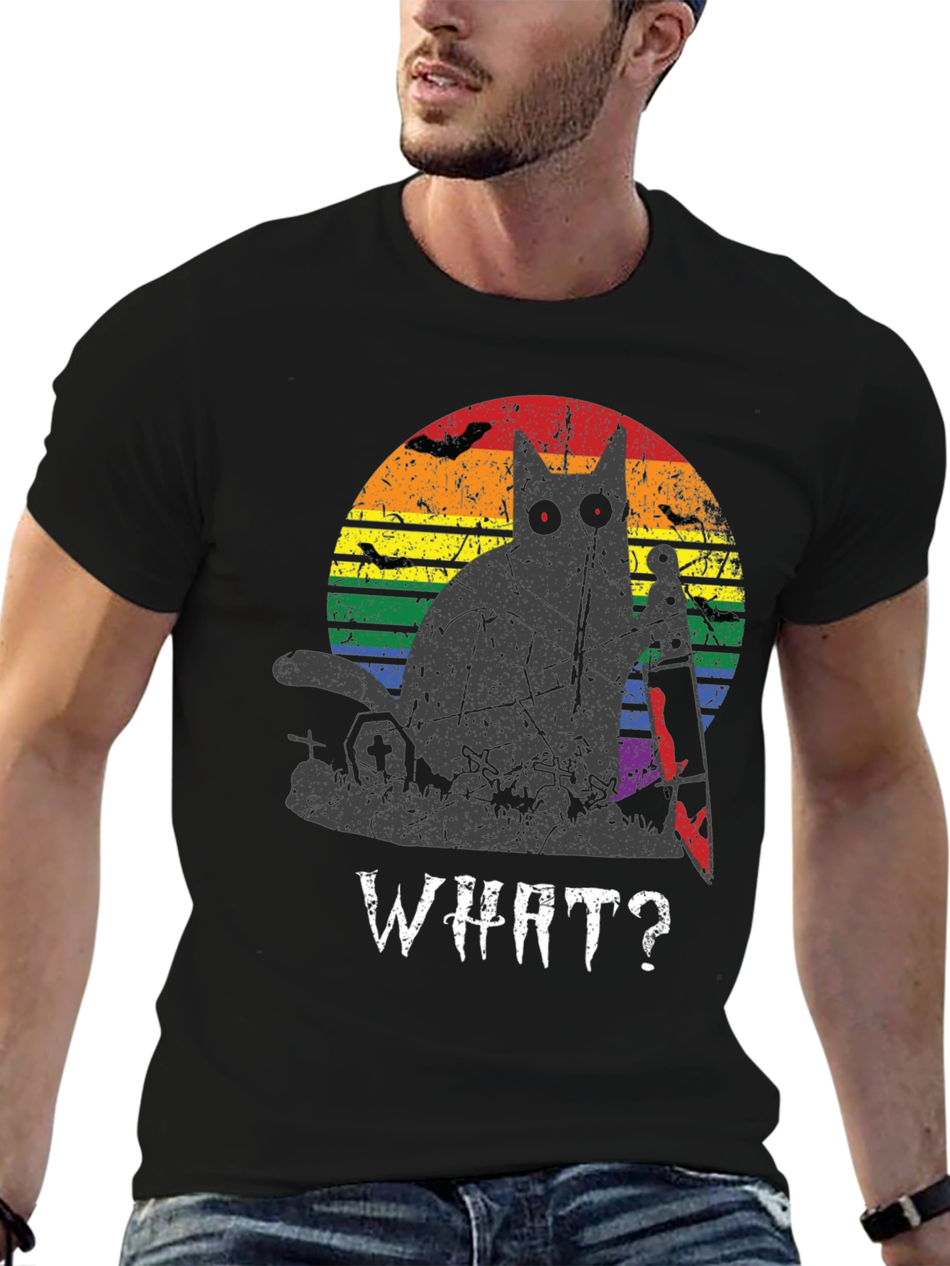 Creepy Cat Rainbow Graphic T-Shirt