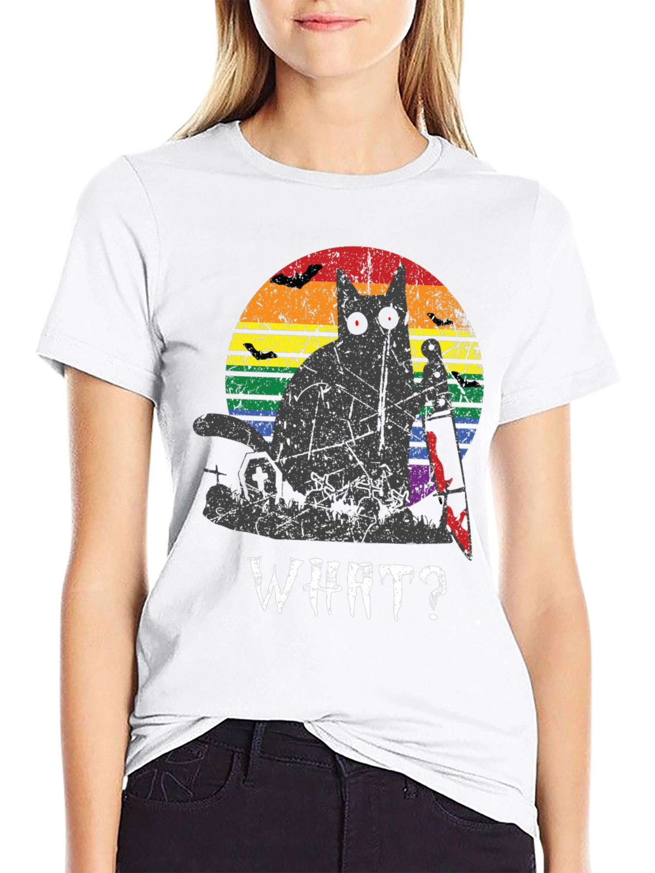 Creepy Cat Rainbow Graphic T-Shirt