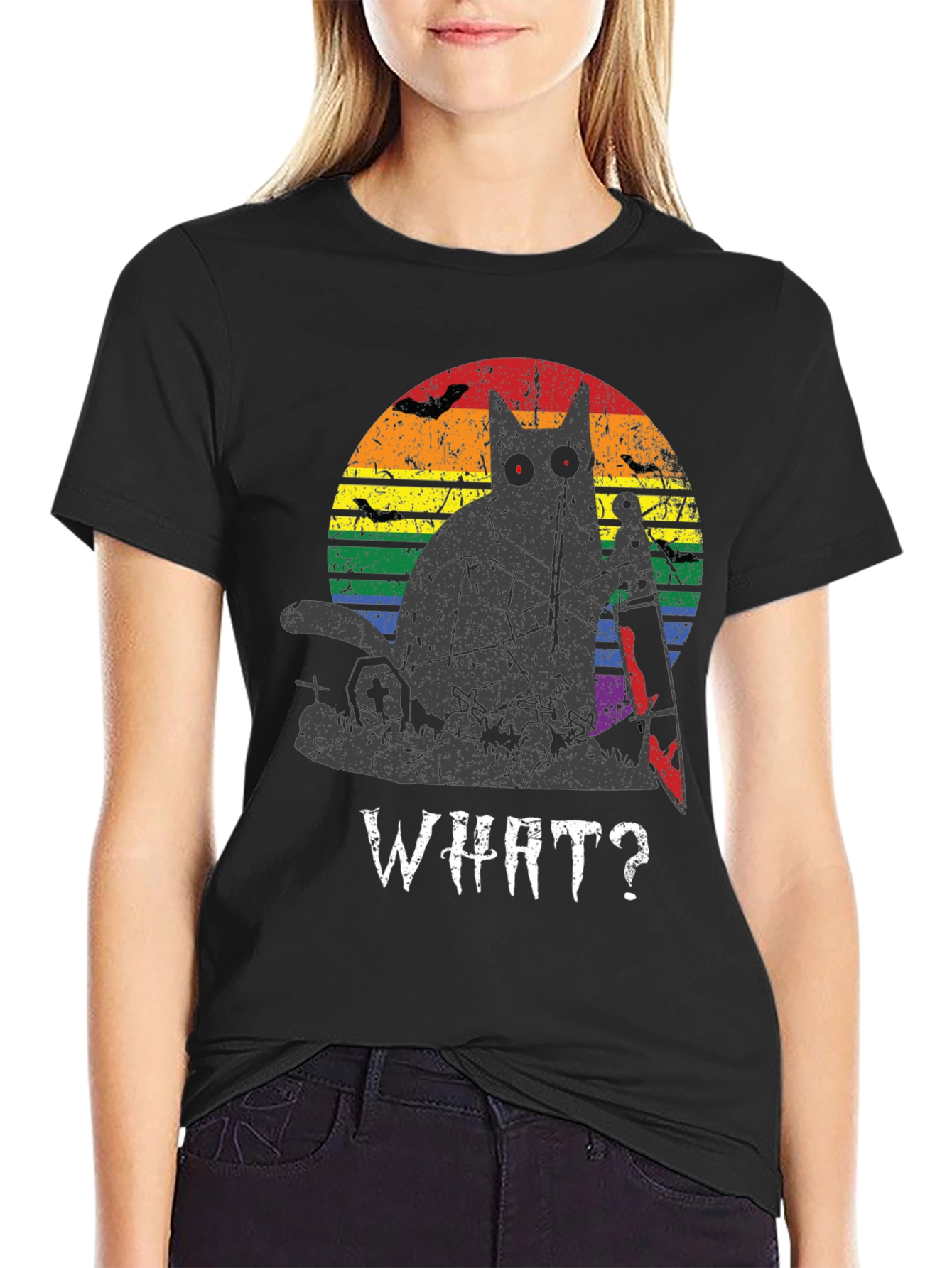 Creepy Cat Rainbow Graphic T-Shirt