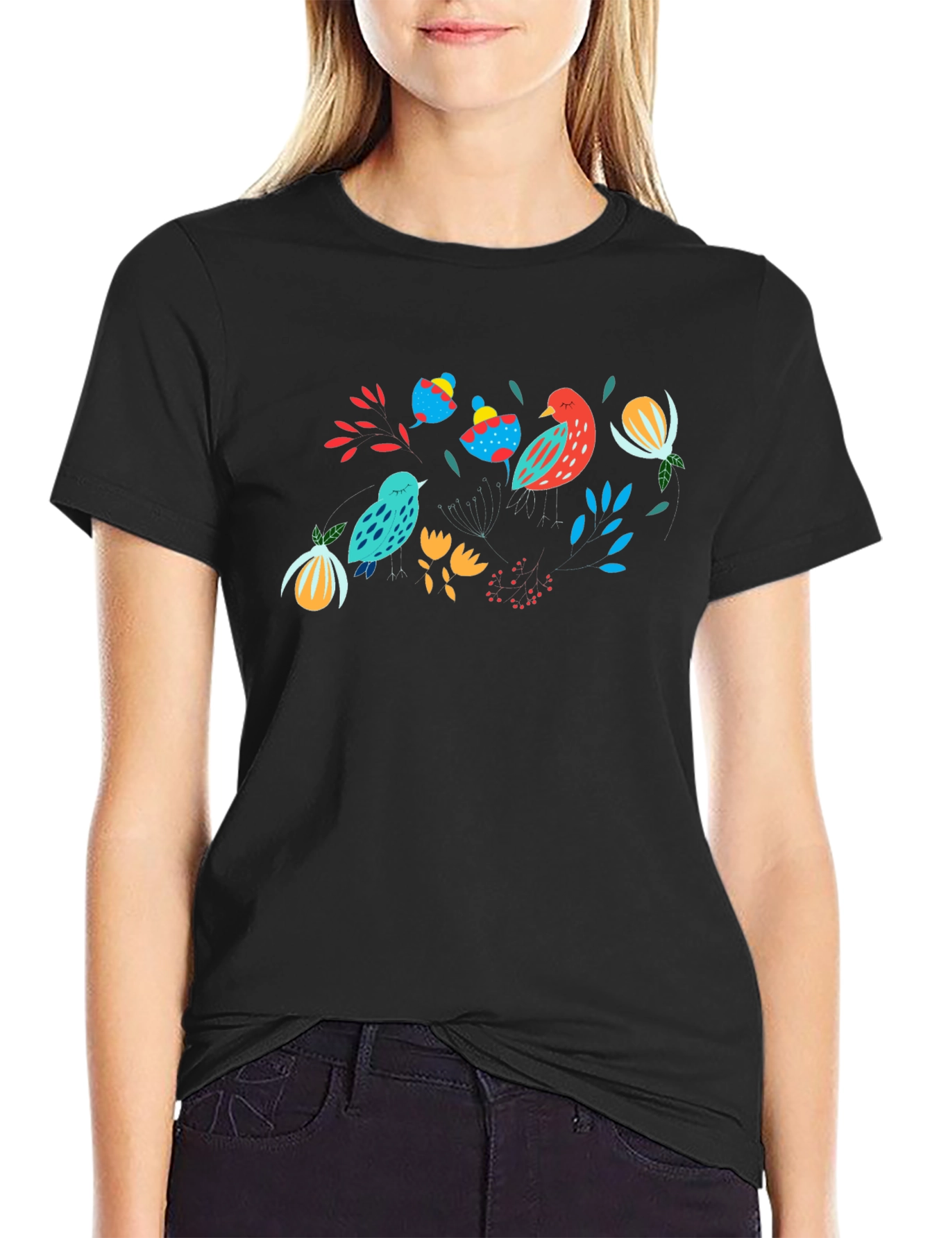 Nature Birds Graphic Black T-Shirt