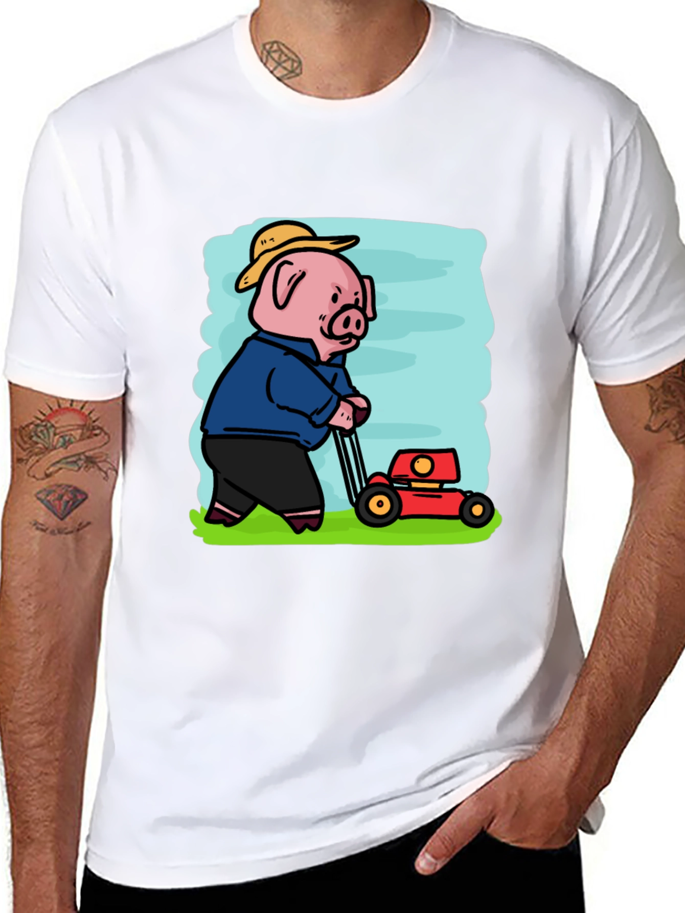 Pig Mowing Lawn Graphic Tee - Black
