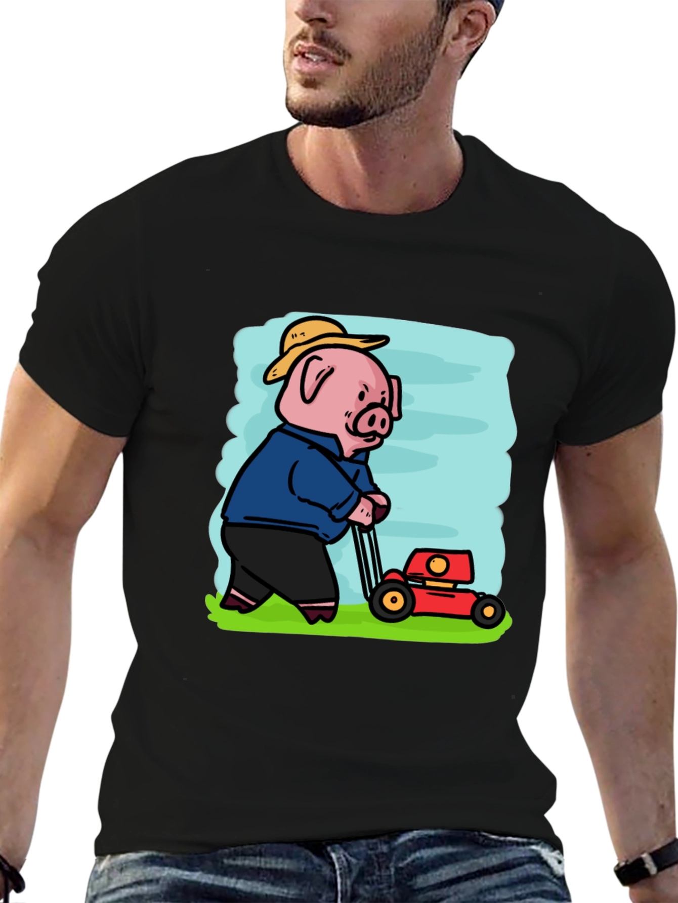 Pig Mowing Lawn Graphic Tee - Black