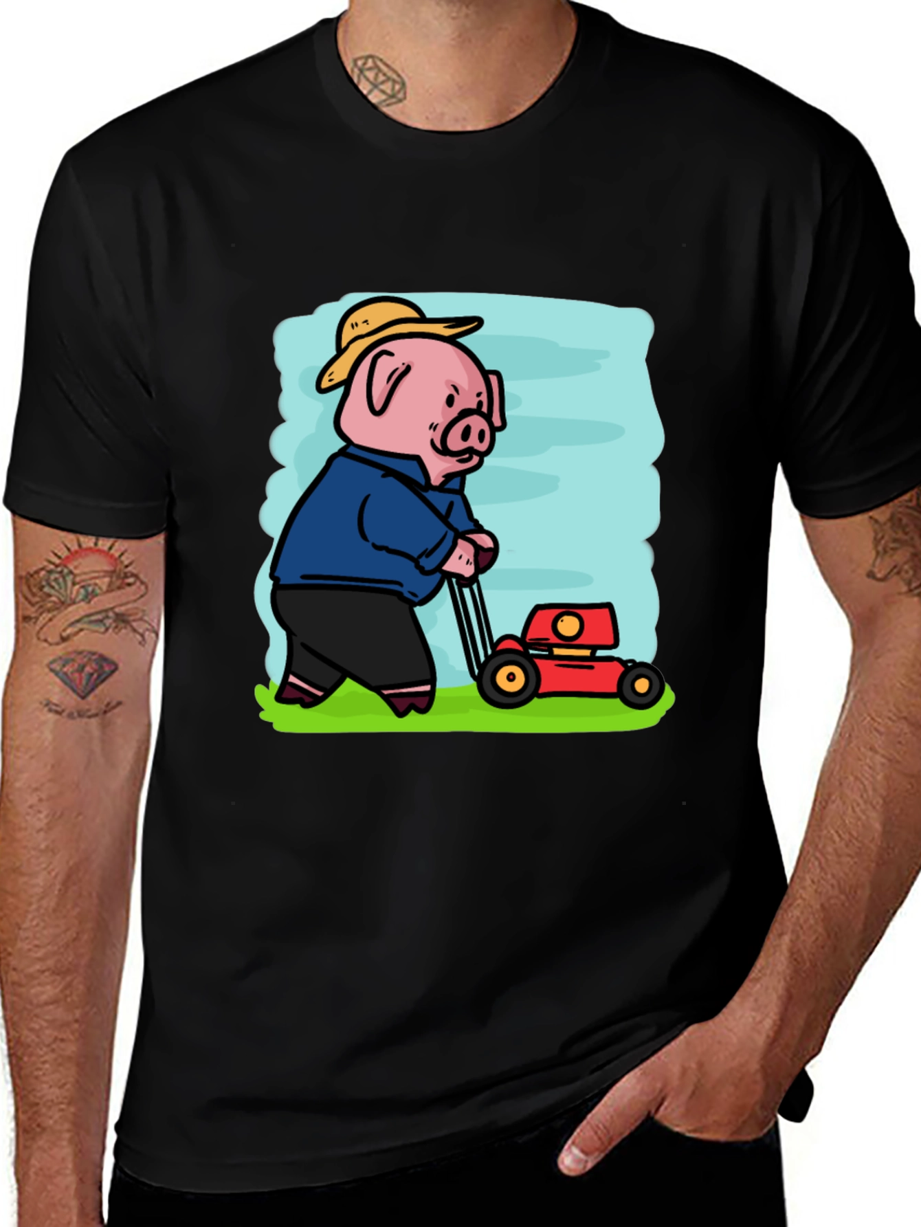Pig Mowing Lawn Graphic Tee - Black