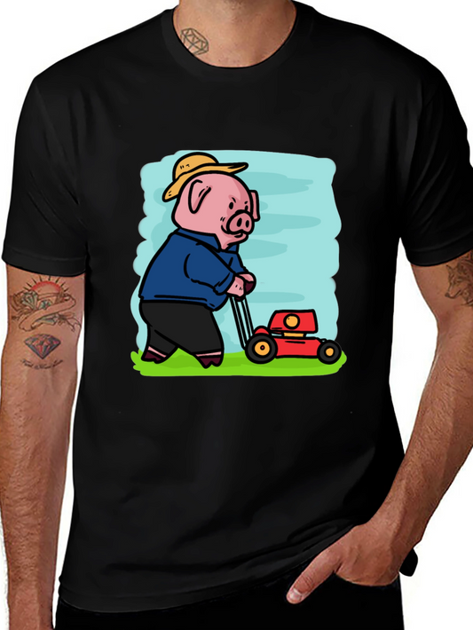 Pig Mowing Lawn Graphic Tee - Black