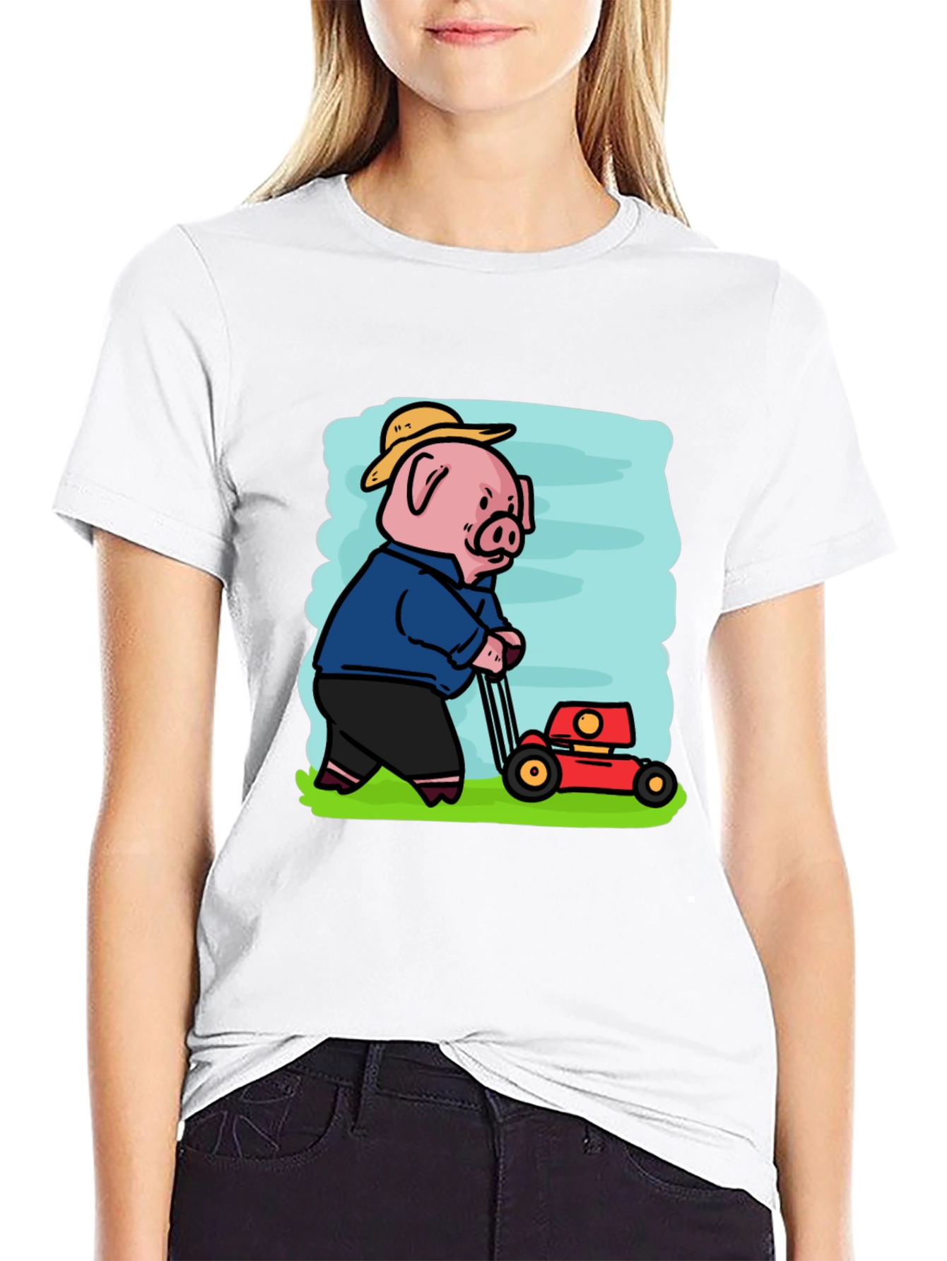 Pig Mowing Lawn Graphic Tee - Black