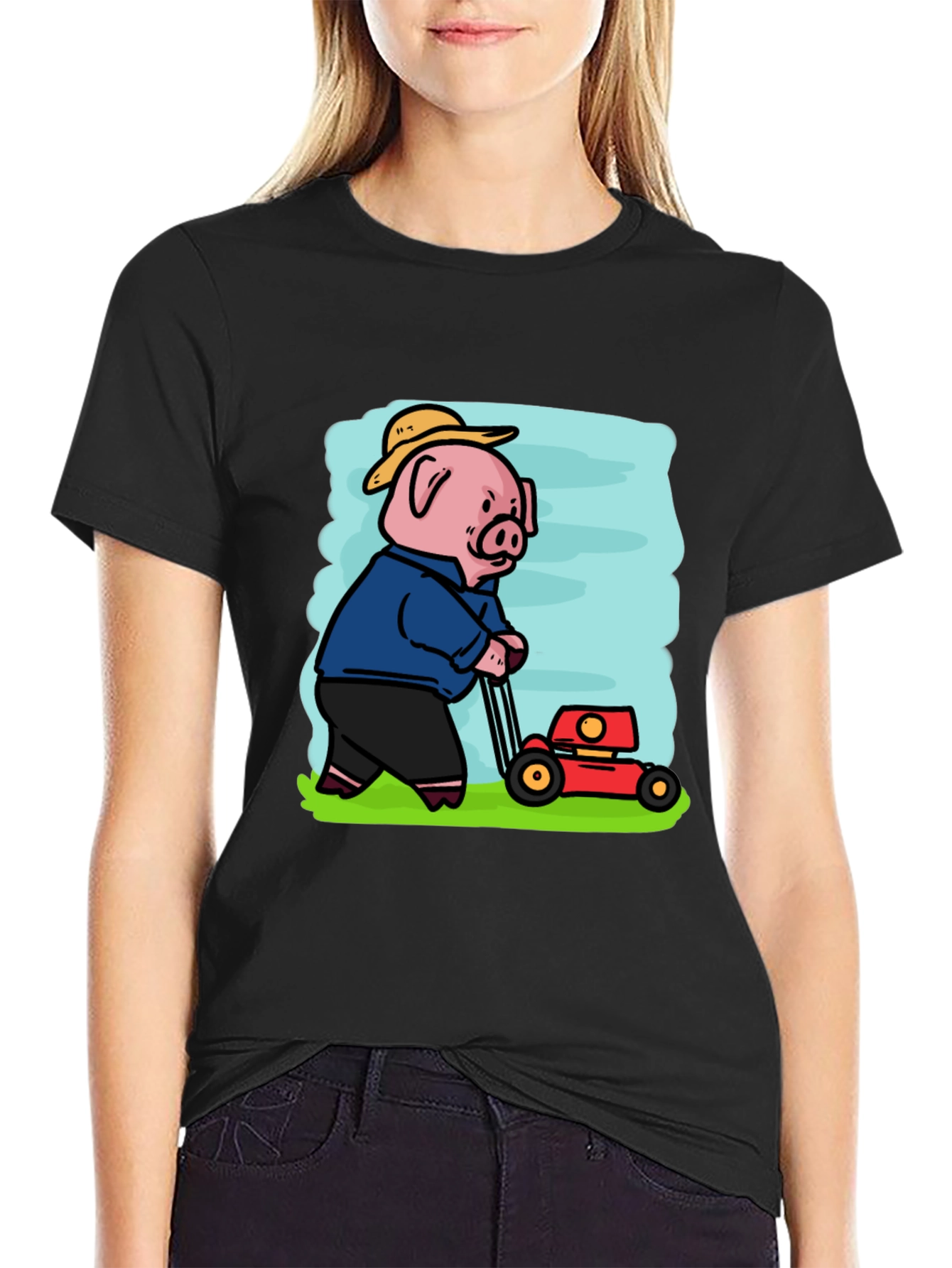 Pig Mowing Lawn Graphic Tee - Black