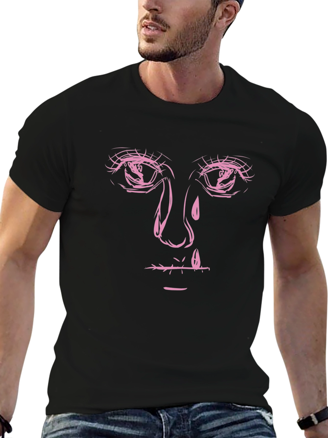 Black Graphic Tee with Pink Face Print