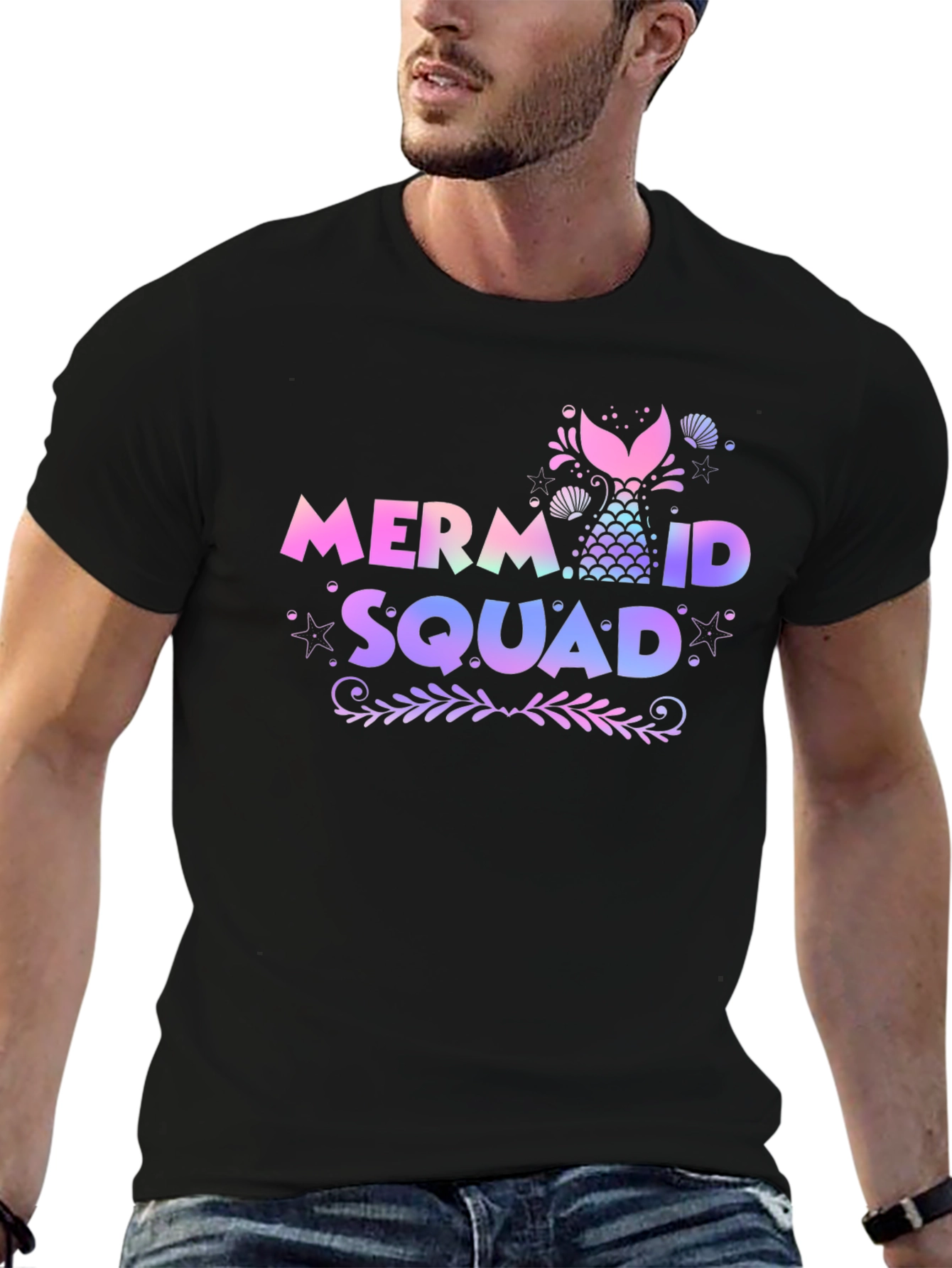 Mermaid Squad Tee - Black Cotton Crew Neck