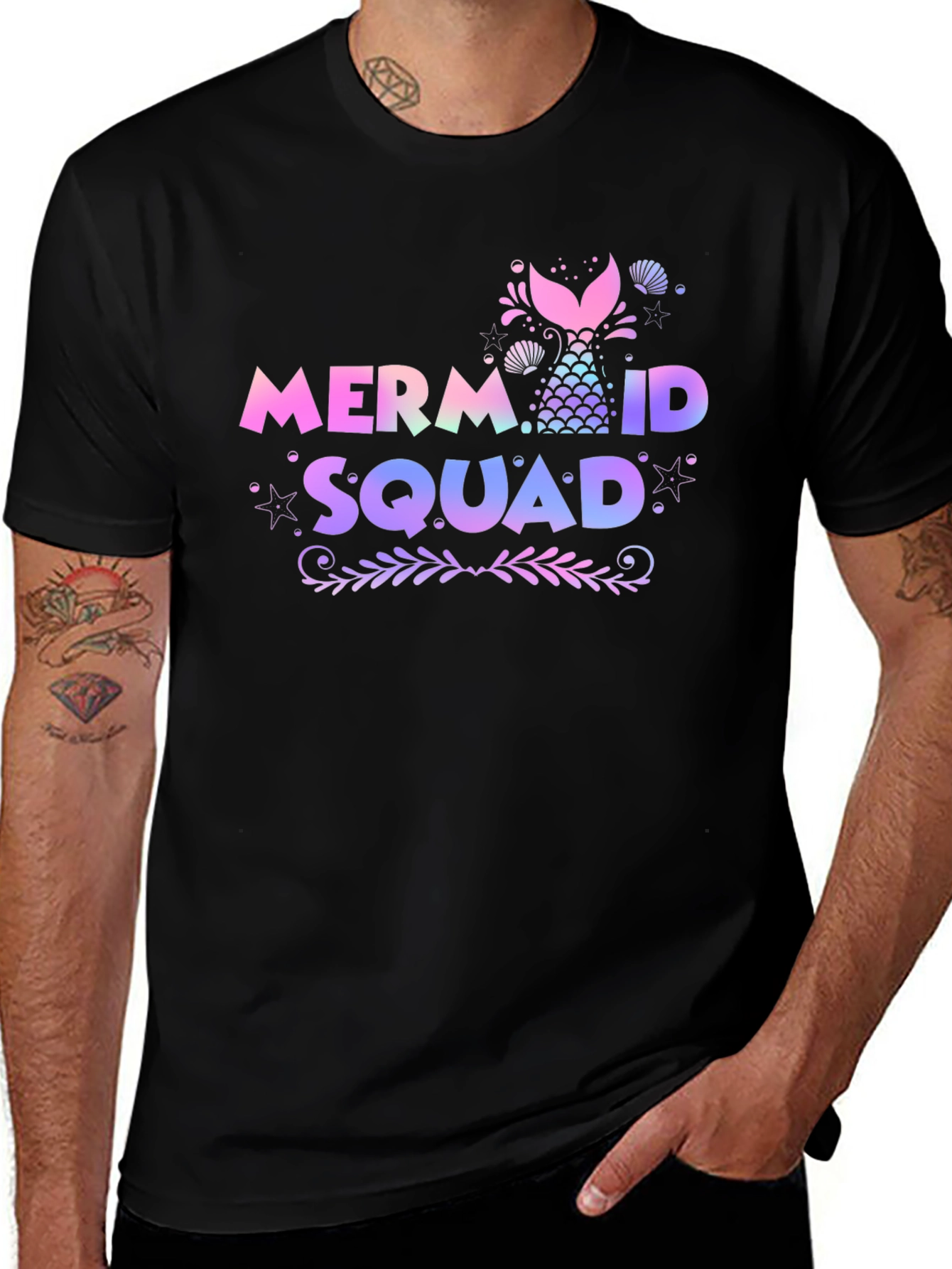Mermaid Squad Tee - Black Cotton Crew Neck