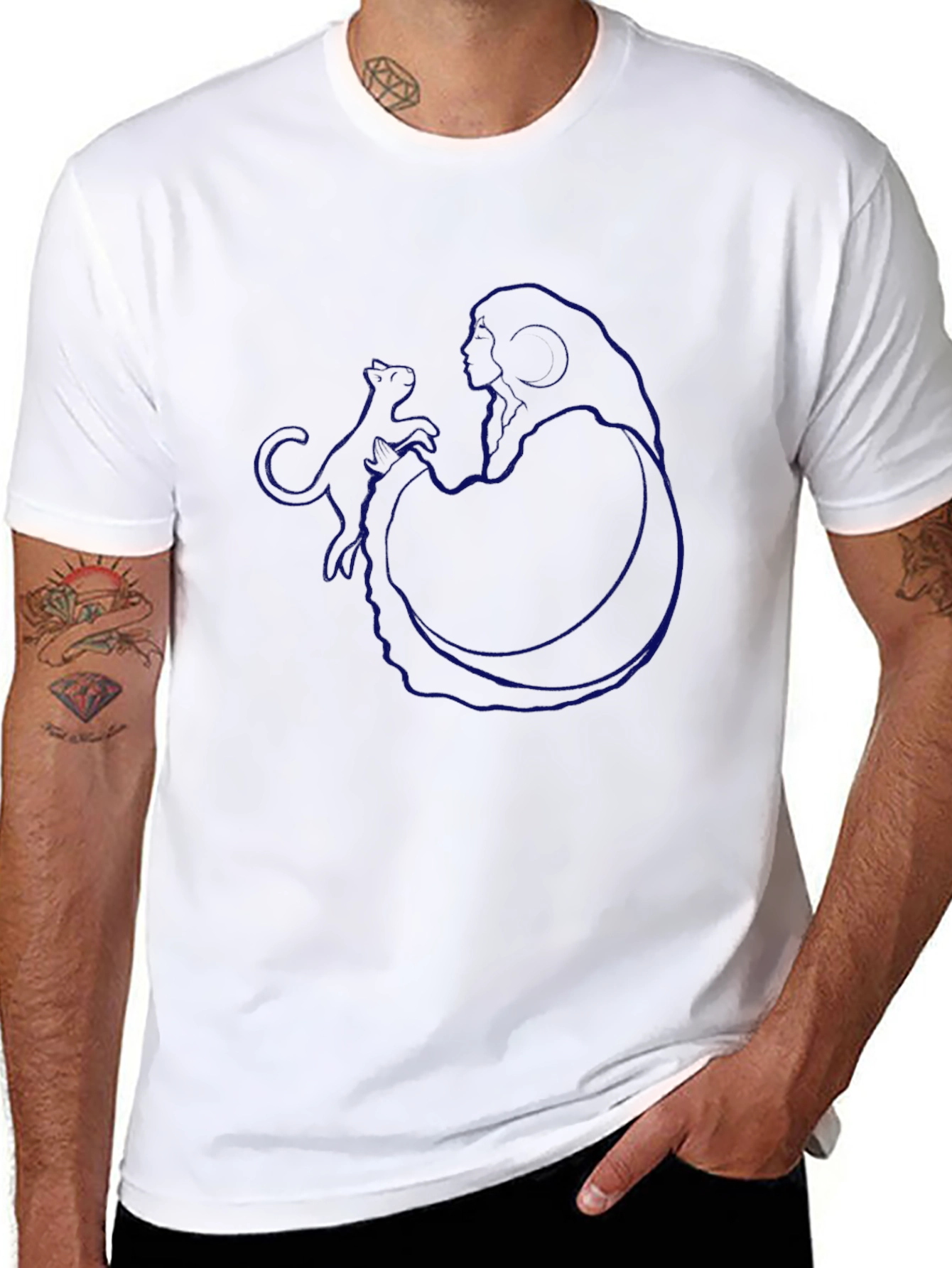 Modern Blue Graphic Print Black T-Shirt