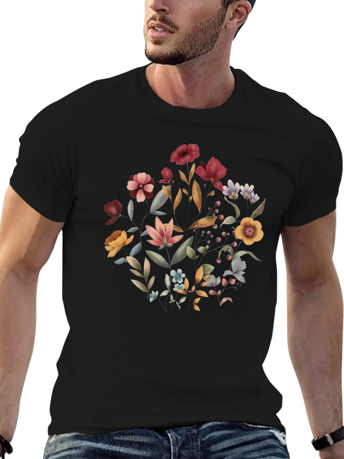 Floral Print Black T-Shirt for Men