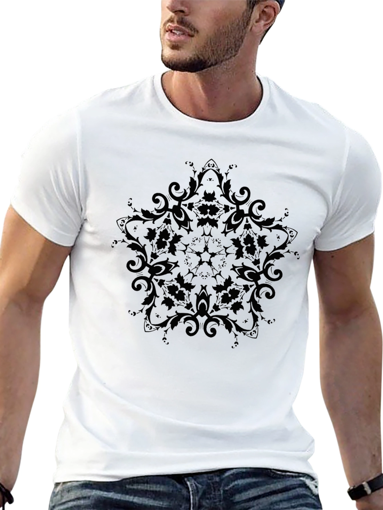 Mens Black T-Shirt with Ornamental Mandala Design
