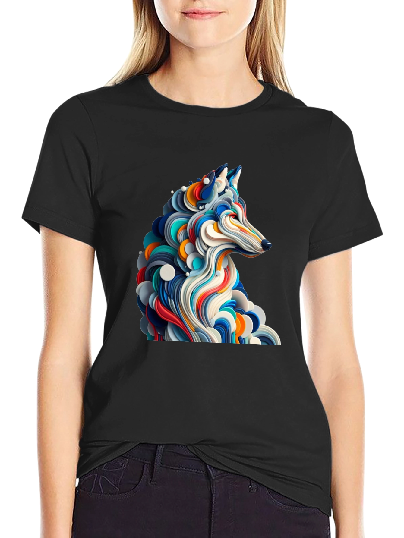 Abstract Wolf Graphic Black T-Shirt