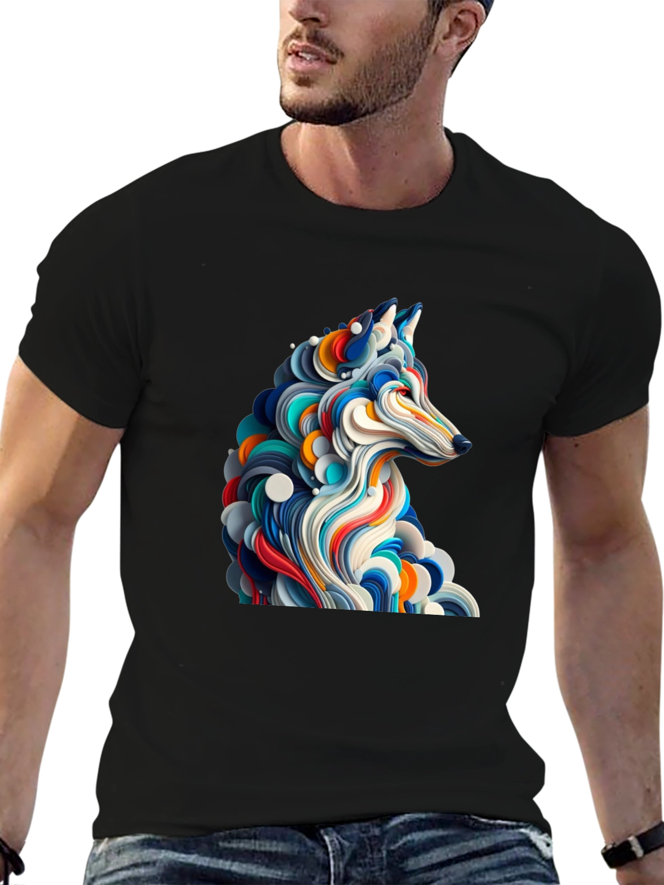 Abstract Wolf Graphic Black T-Shirt