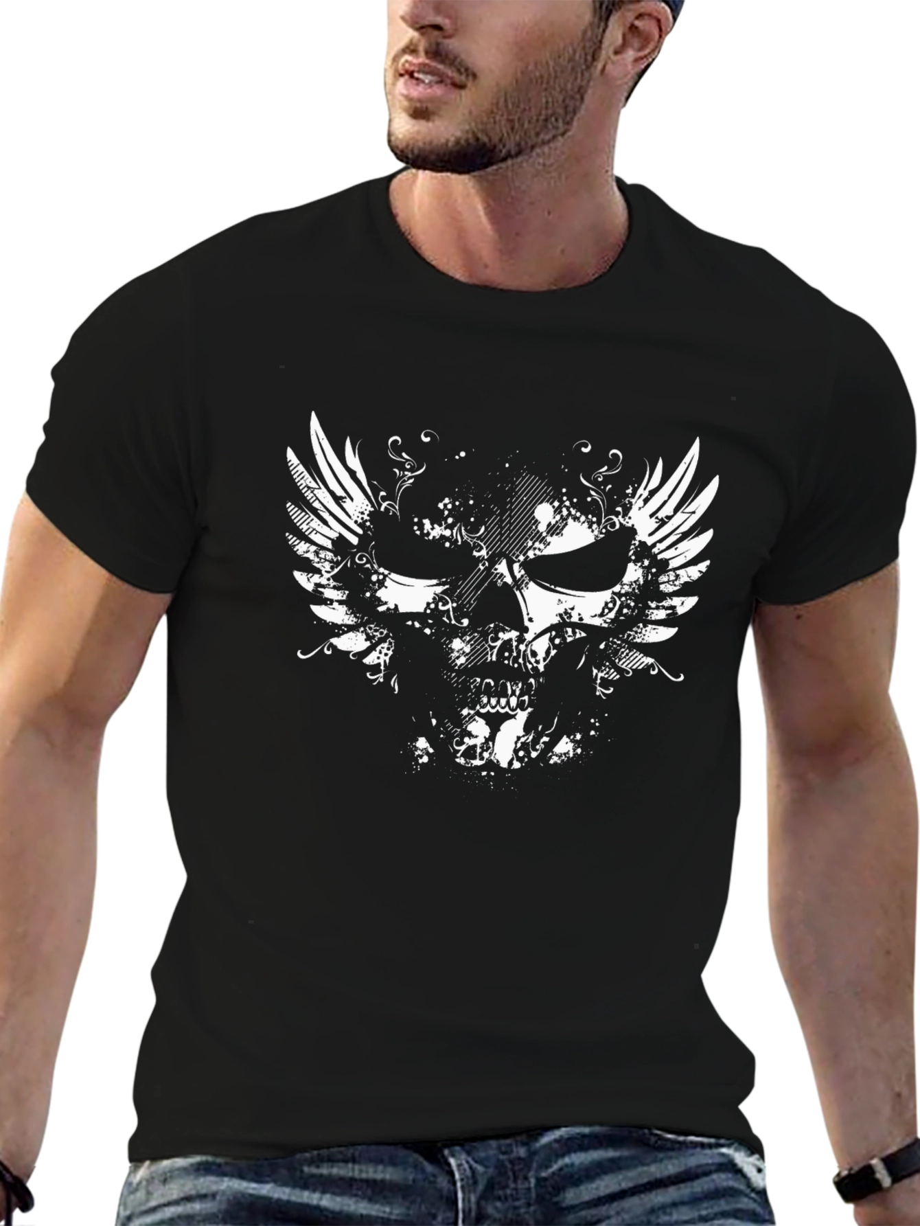 Winged Skull Graphic Tee - Black Cotton T-Shirt