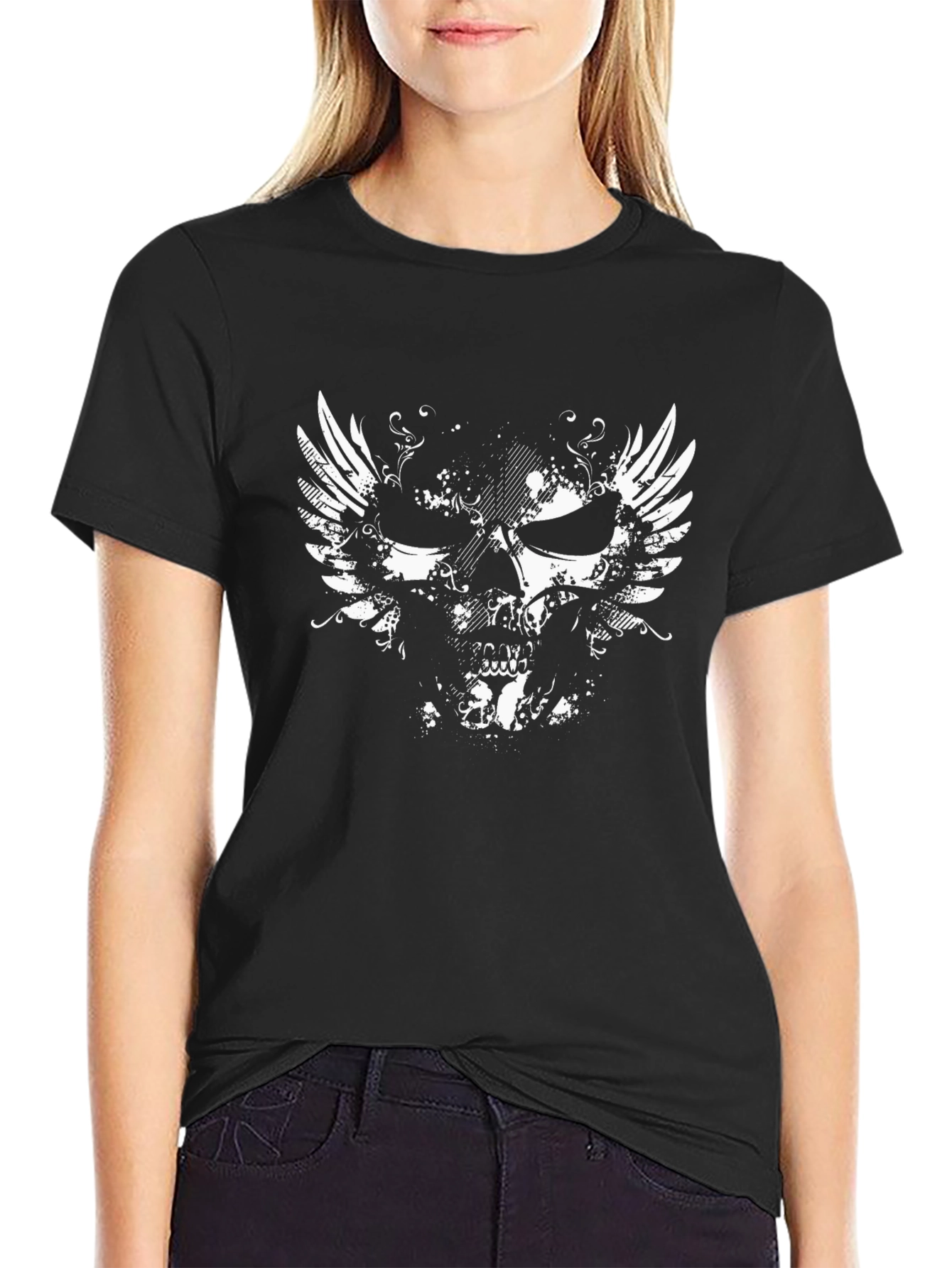 Winged Skull Graphic Tee - Black Cotton T-Shirt