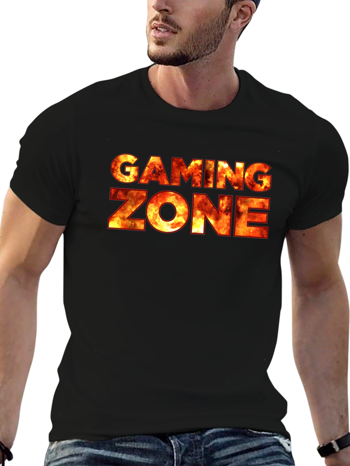 Gaming Zone Fire Text Black T-Shirt