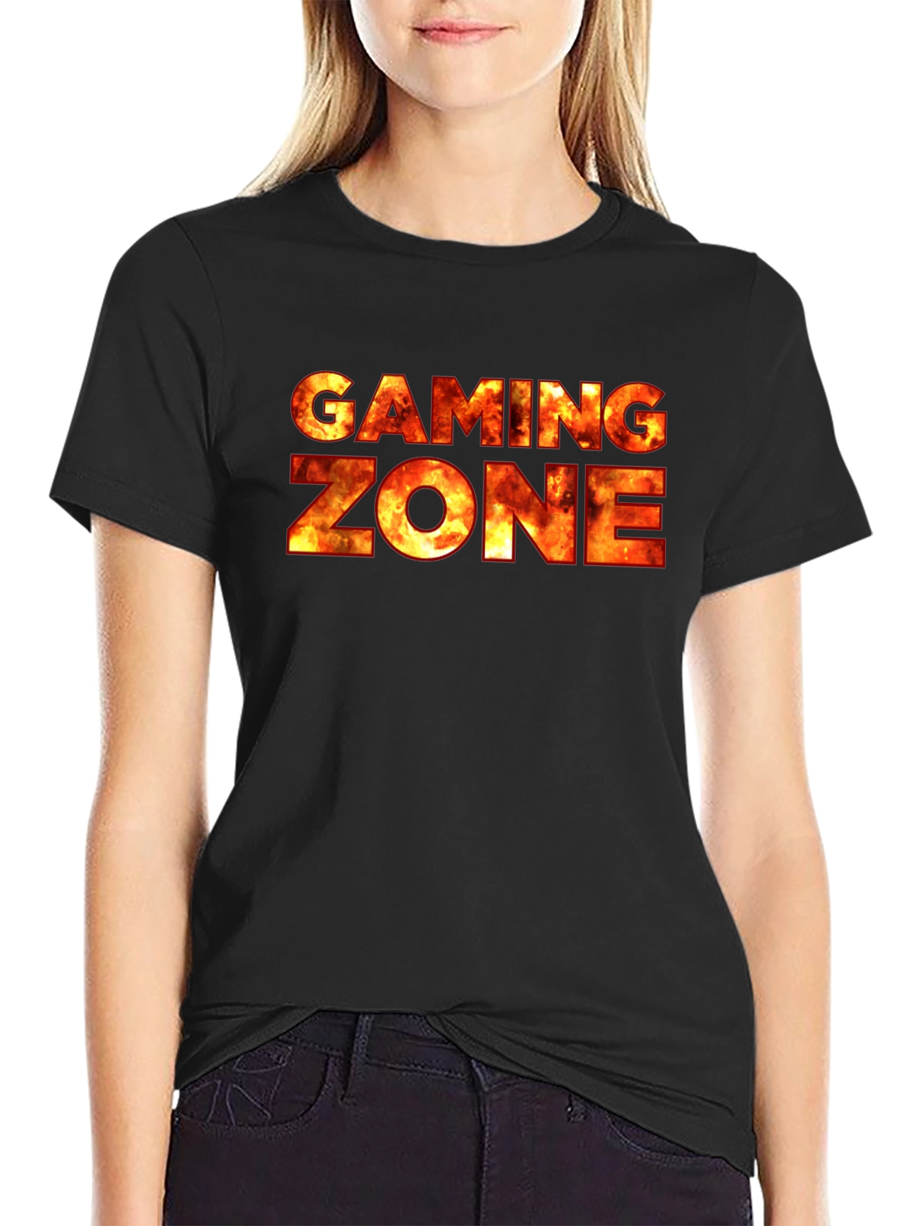 Gaming Zone Fire Text Black T-Shirt
