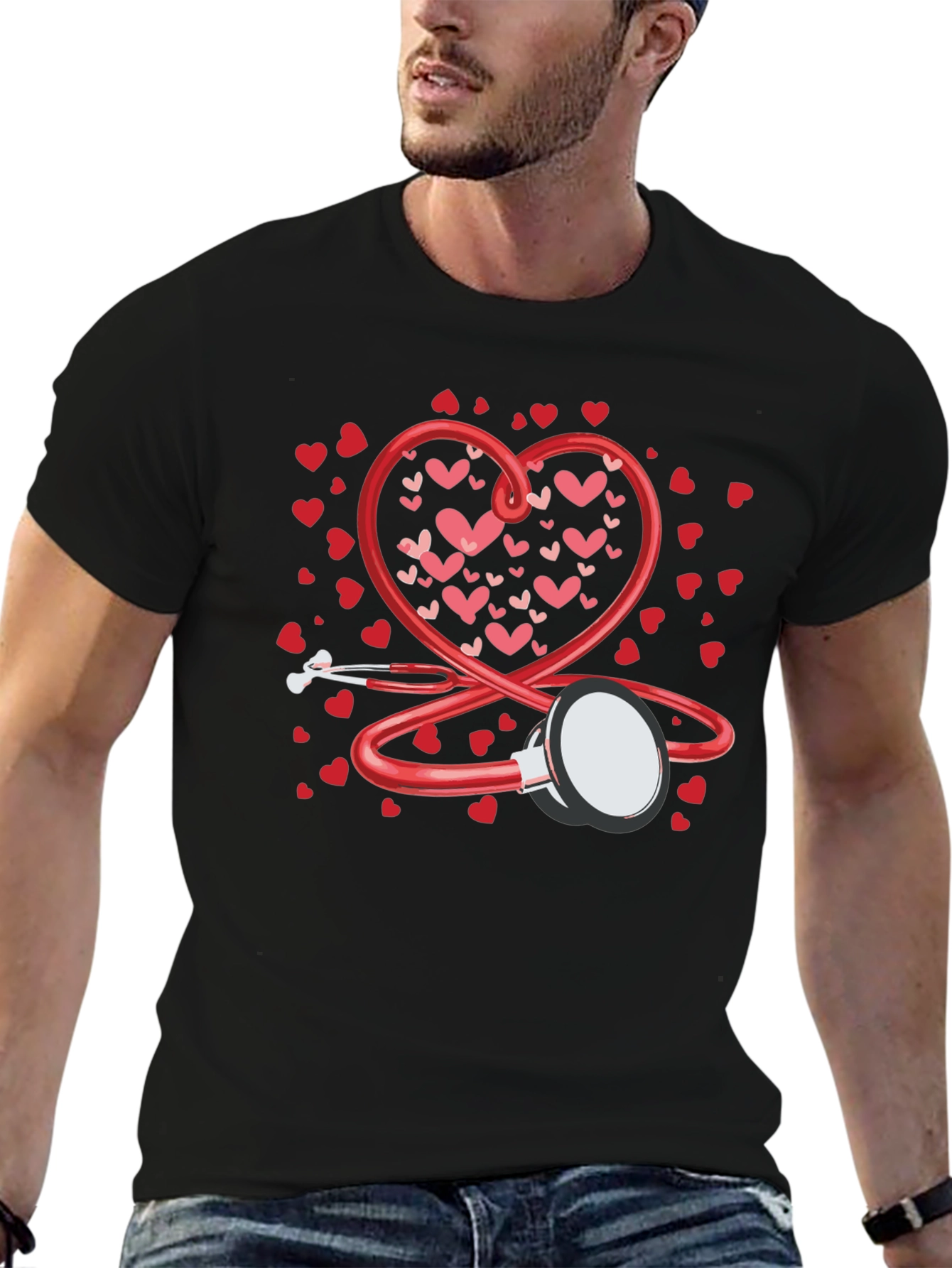 Heart Stethoscope Valentines Day Black T-Shirt