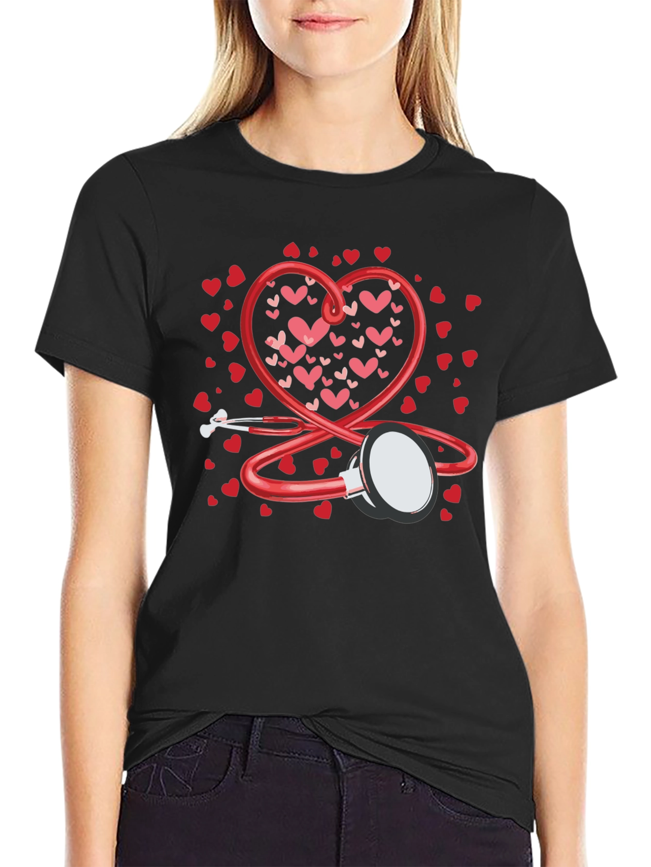 Heart Stethoscope Valentines Day Black T-Shirt