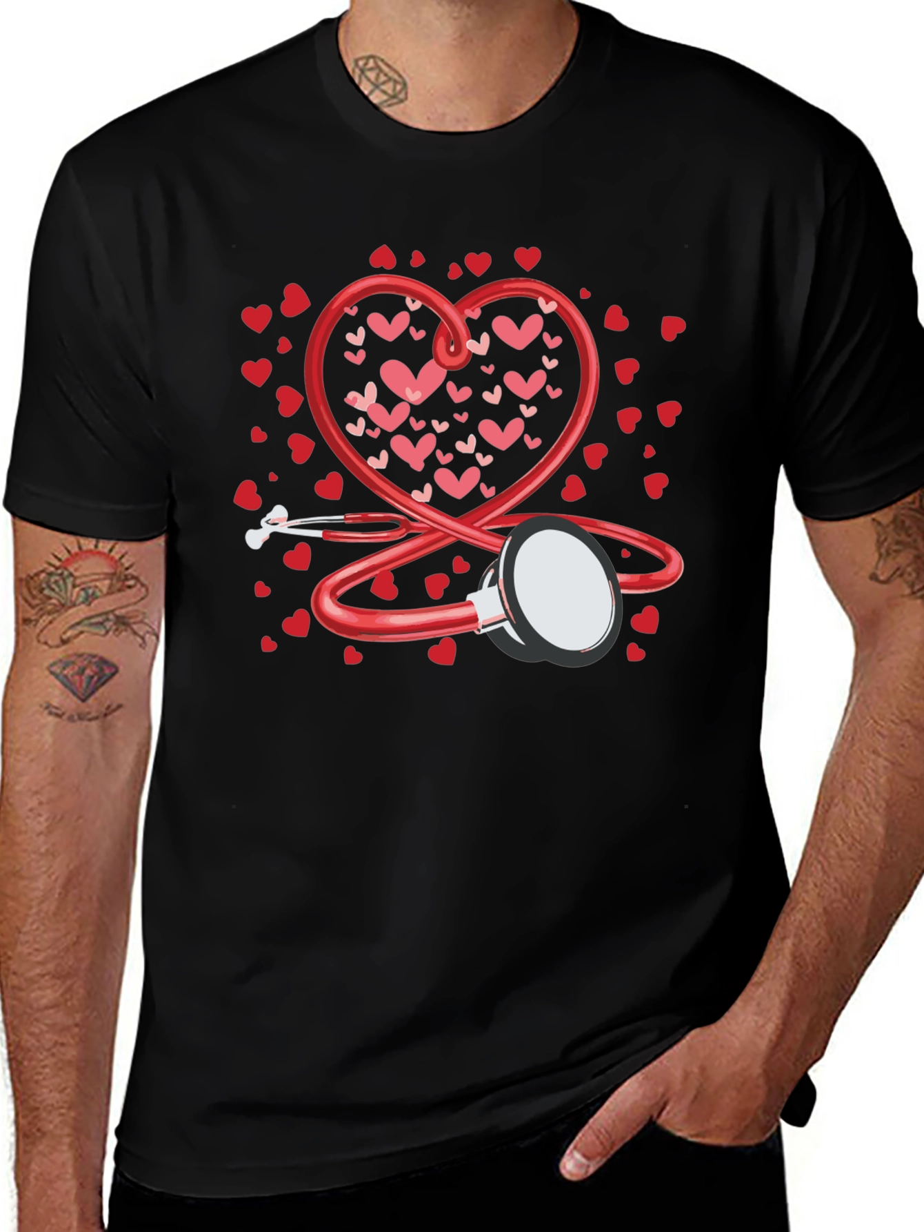 Heart Stethoscope Valentines Day Black T-Shirt