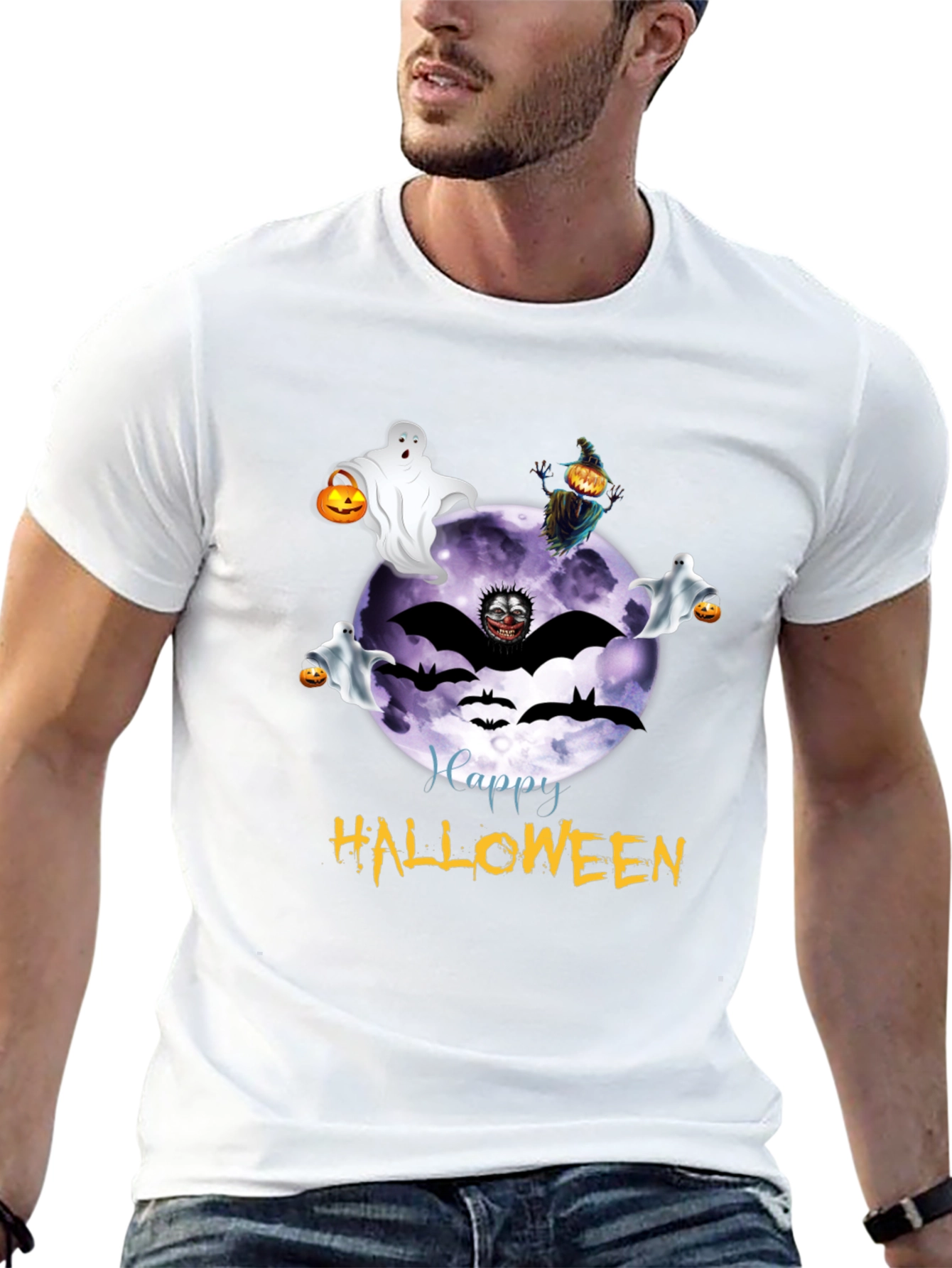 Halloween Graphic Tee - Ghost Bat Moon