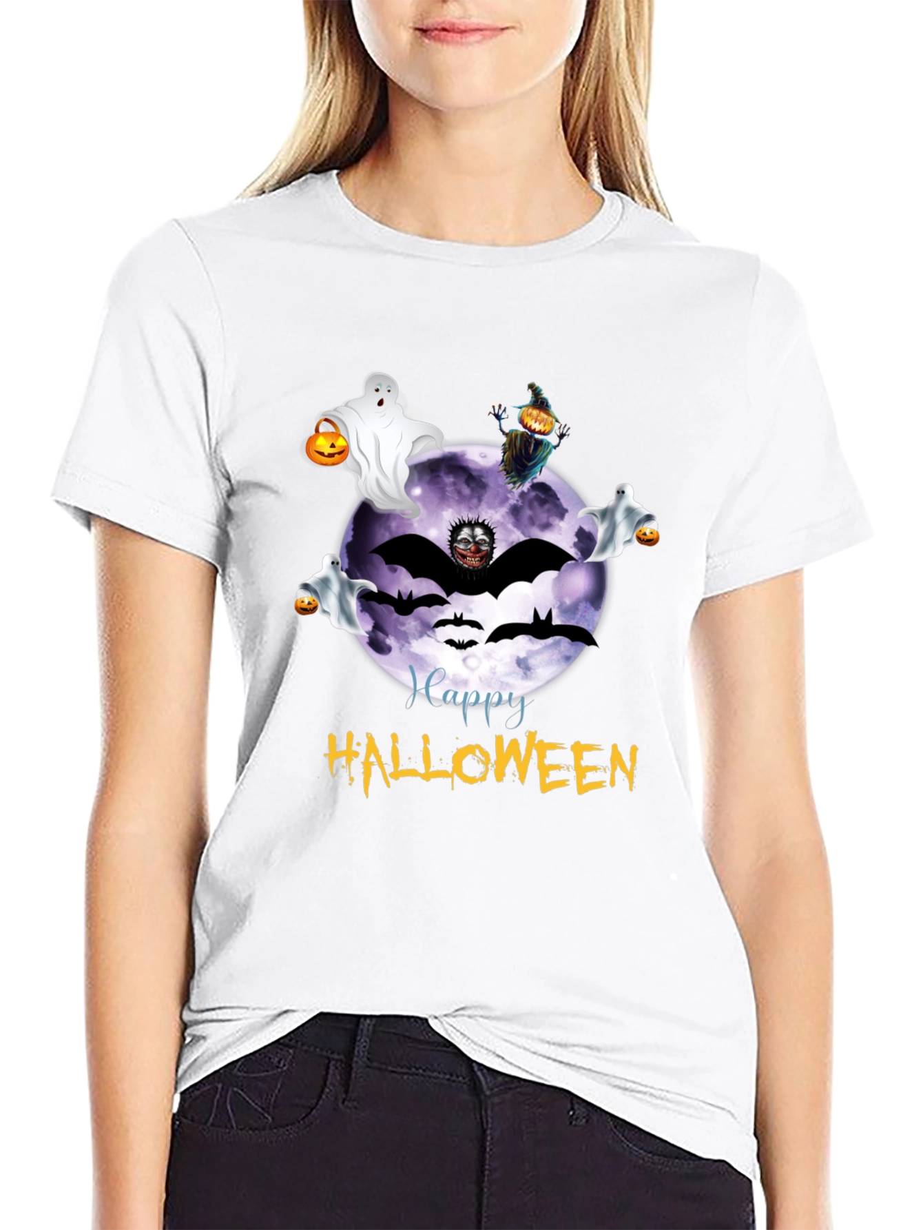 Halloween Graphic Tee - Ghost Bat Moon
