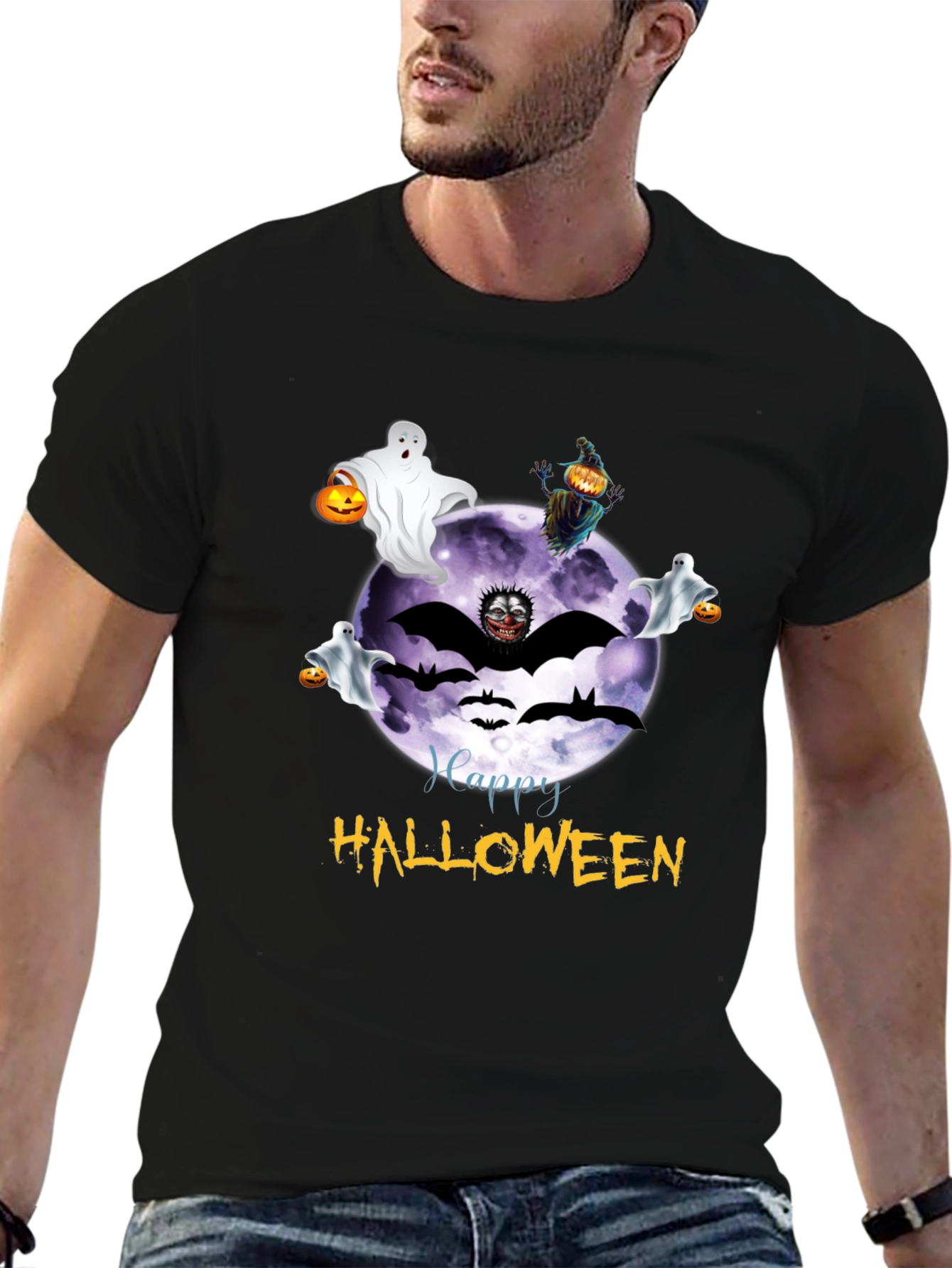 Halloween Graphic Tee - Ghost Bat Moon