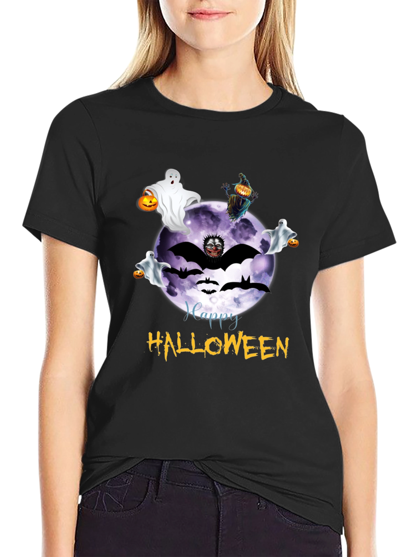 Halloween Graphic Tee - Ghost Bat Moon