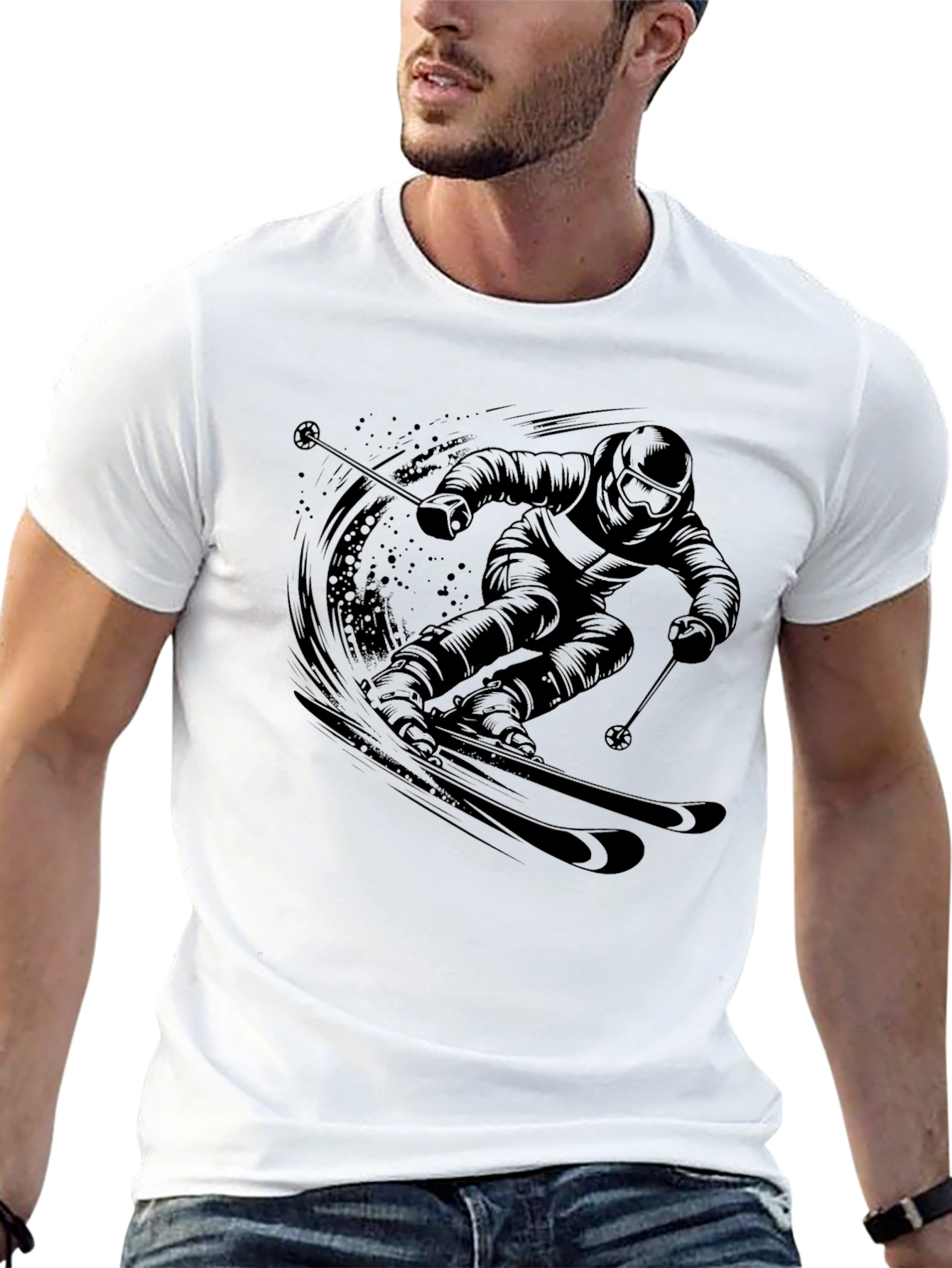 Skiing Graphic Tee - Black Cotton T-Shirt
