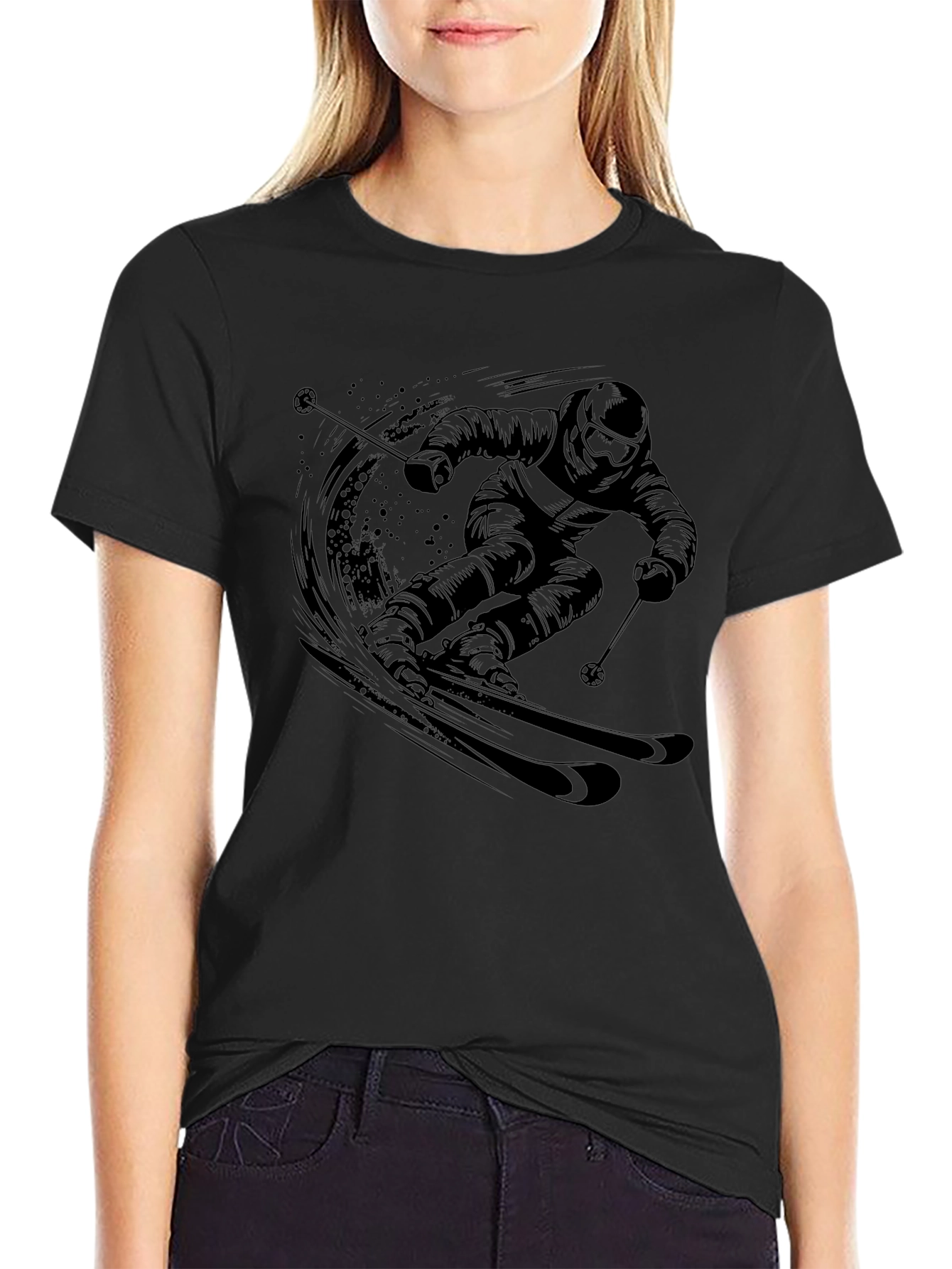 Skiing Graphic Tee - Black Cotton T-Shirt
