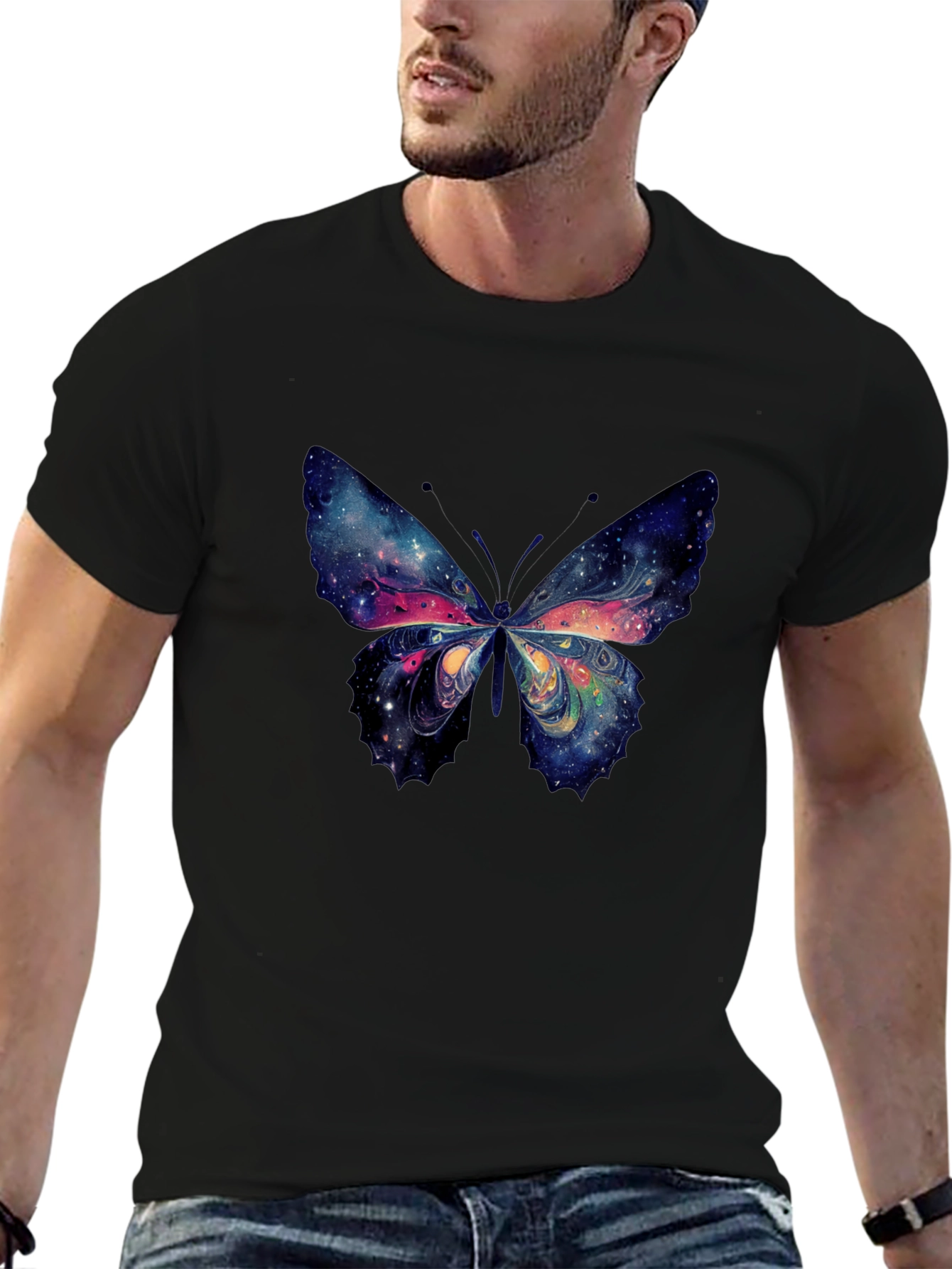 Galaxy Butterfly Graphic Tee - Black Cotton T-Shirt