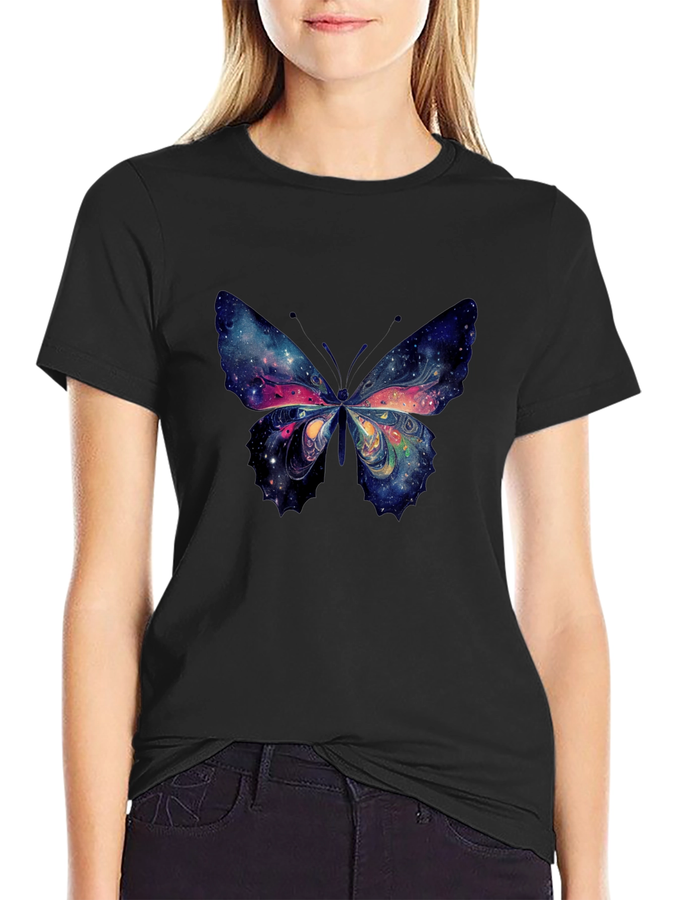 Galaxy Butterfly Graphic Tee - Black Cotton T-Shirt